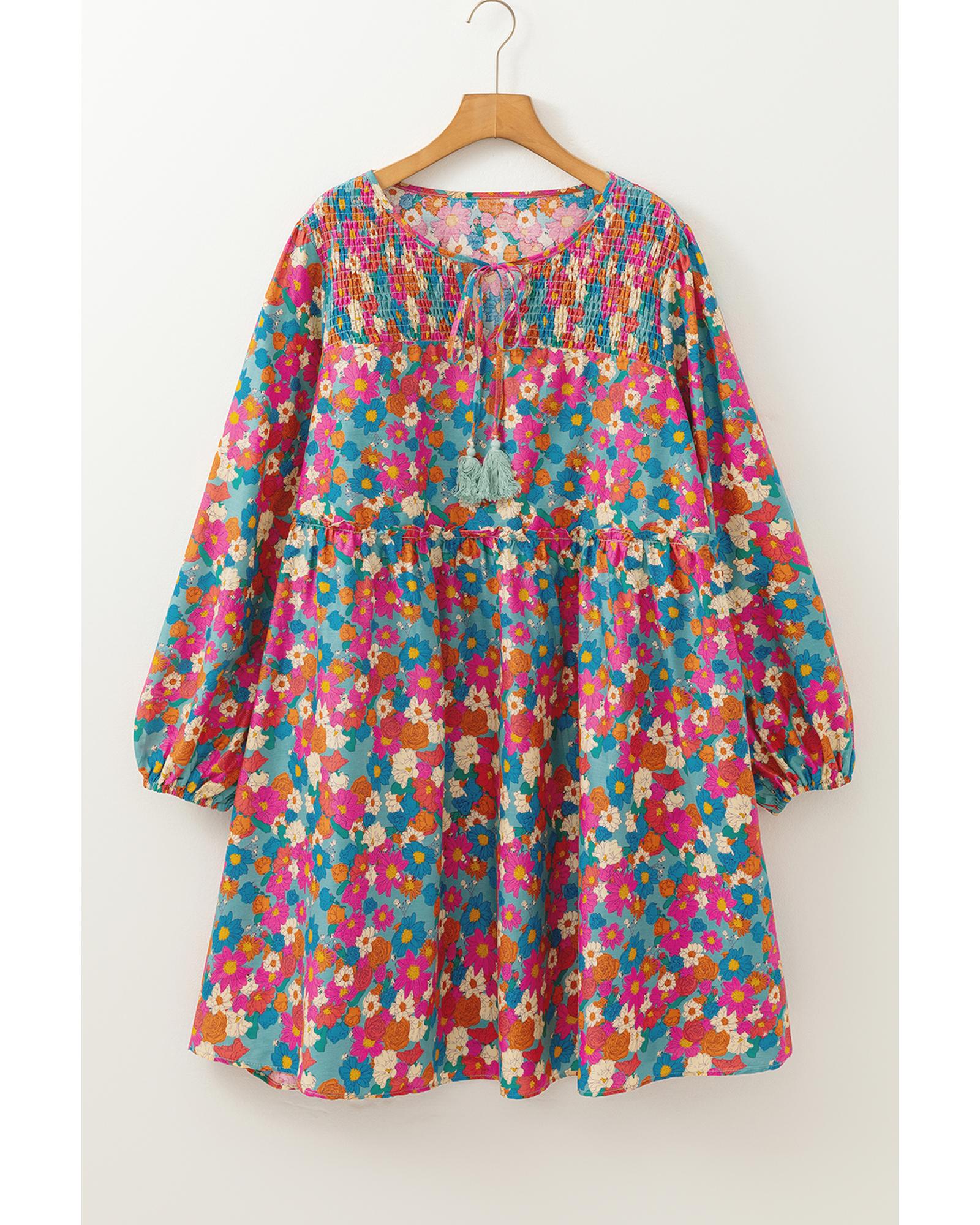 V539-AZEXPL611867-P420-3X-202508310230-00 Sky Blue Plus Size Floral Print Shirred Ruffle Tiered Mini Dress - 3X - Image 1