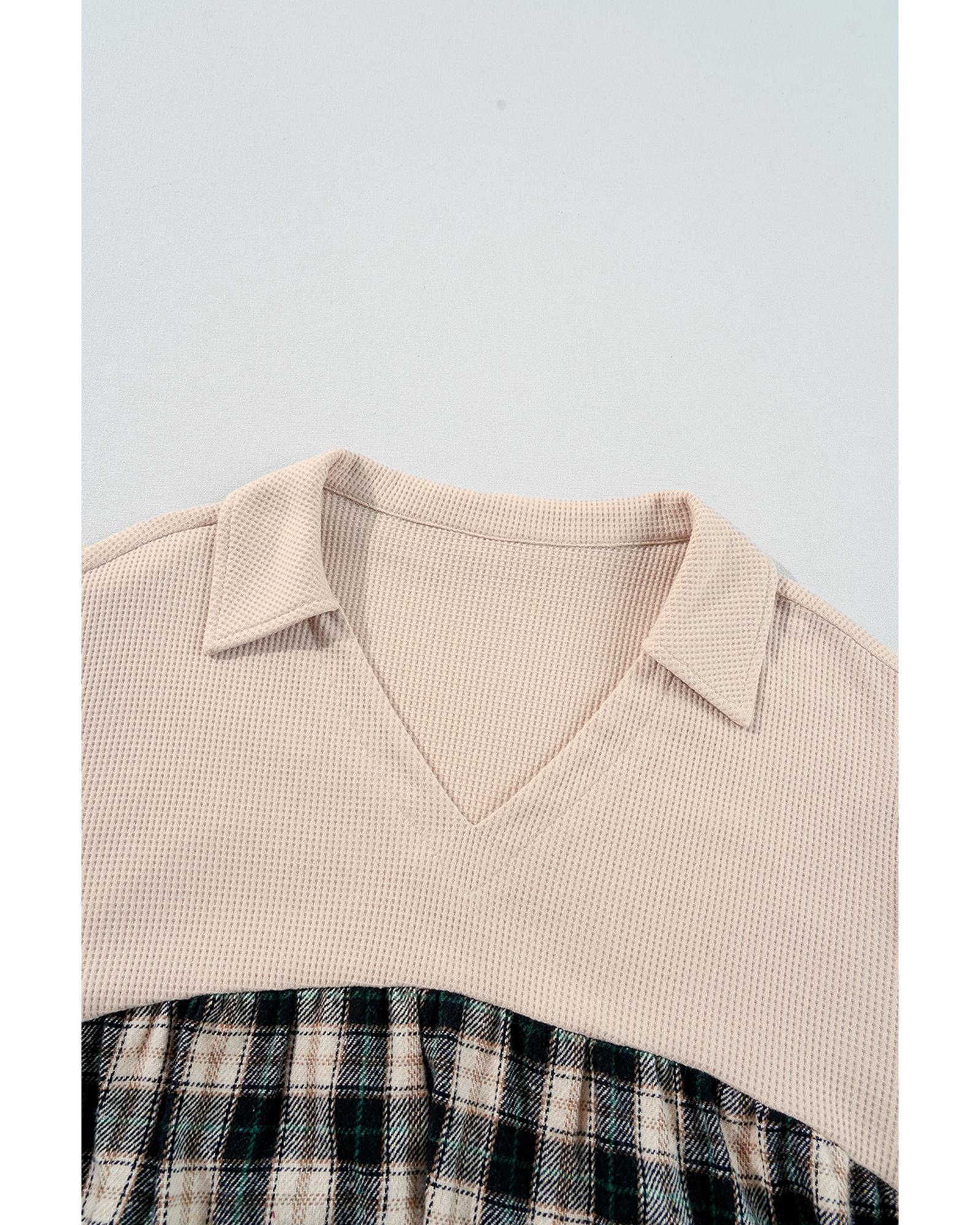 V539-AZEXPL611872-P222-4X-202508300955-00 Black Plaid Waffle Knit Patchwork Collared V Neck Plus Size Mini Dress - 4X - Image 1