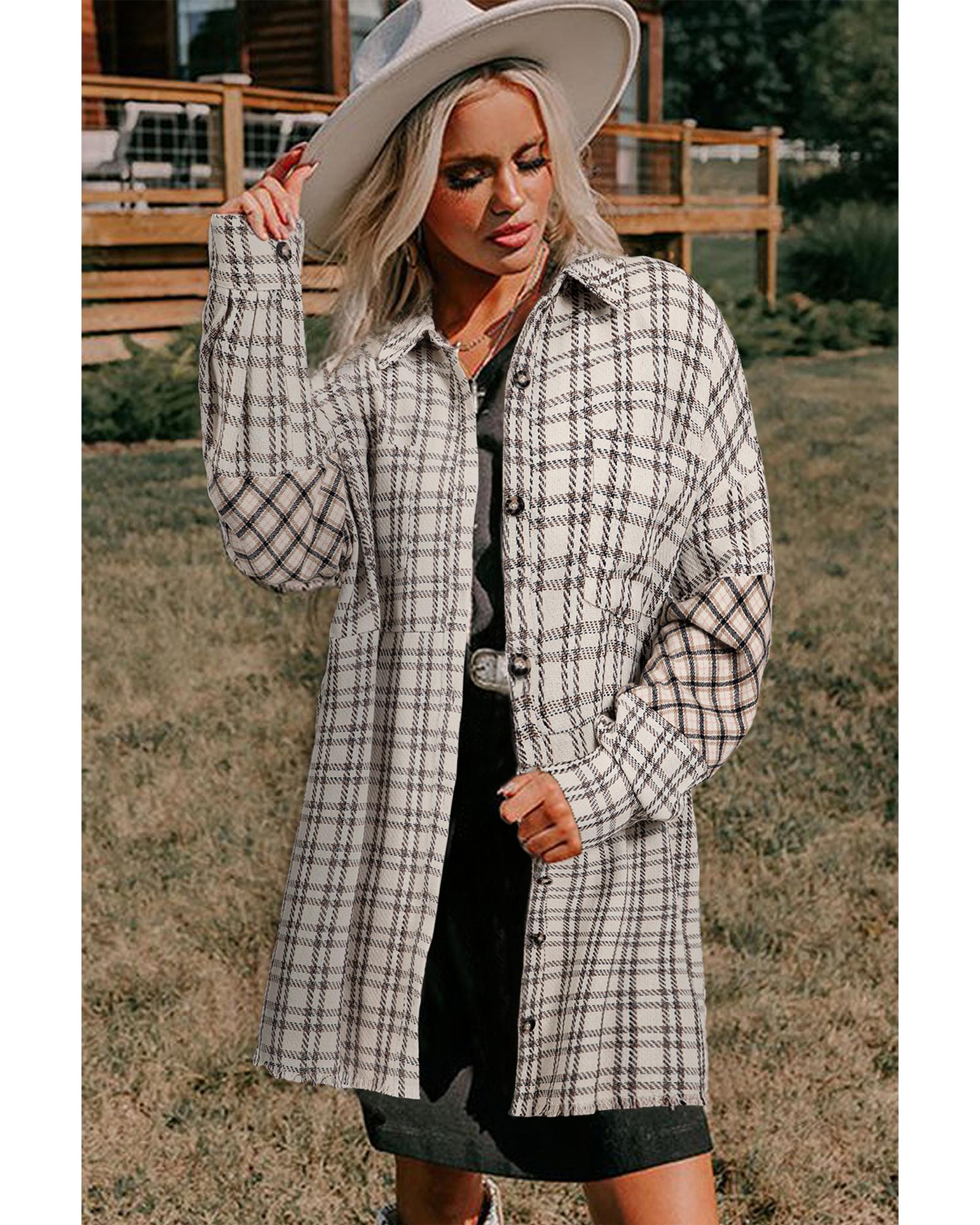 V539-AZEXPL611882-P119-2X-202508301205-00 White Stripe Plus Size Plaid Buttoned Raw Hem Tunic Shirt Dress - 2X - Image 1