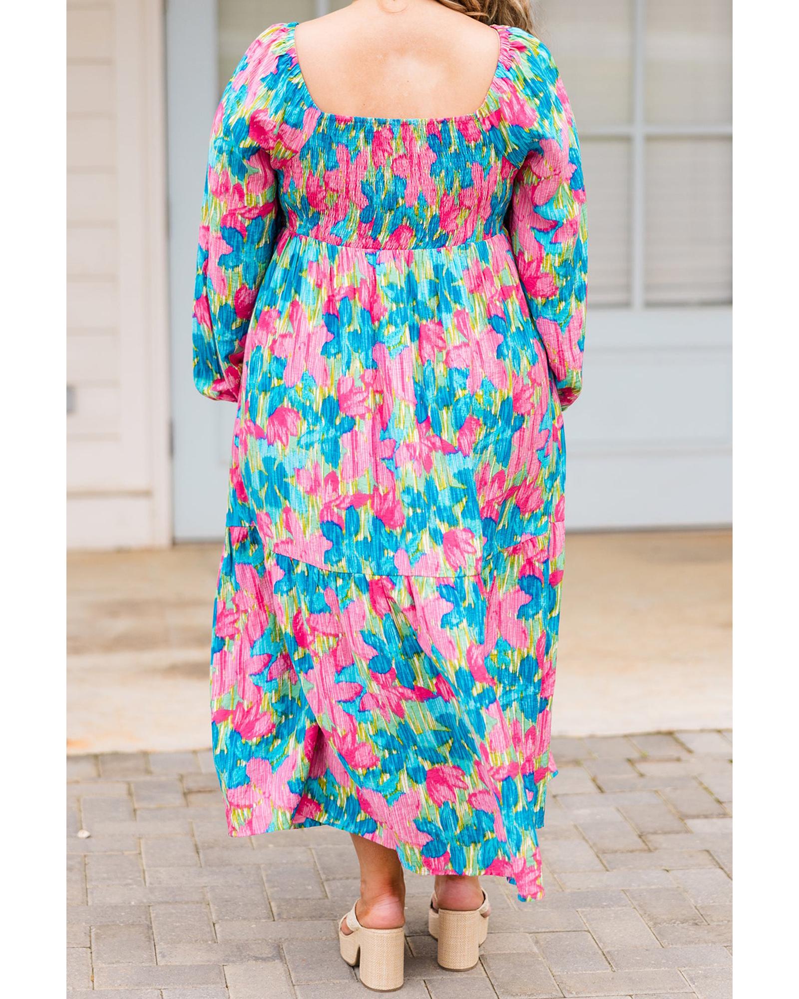 V539-AZEXPL611885-P420-1X-202506152210-00 Sky Blue Floral Allover Print Shirred Square Neck Plus Size Maxi Dress - 1X - Image 1