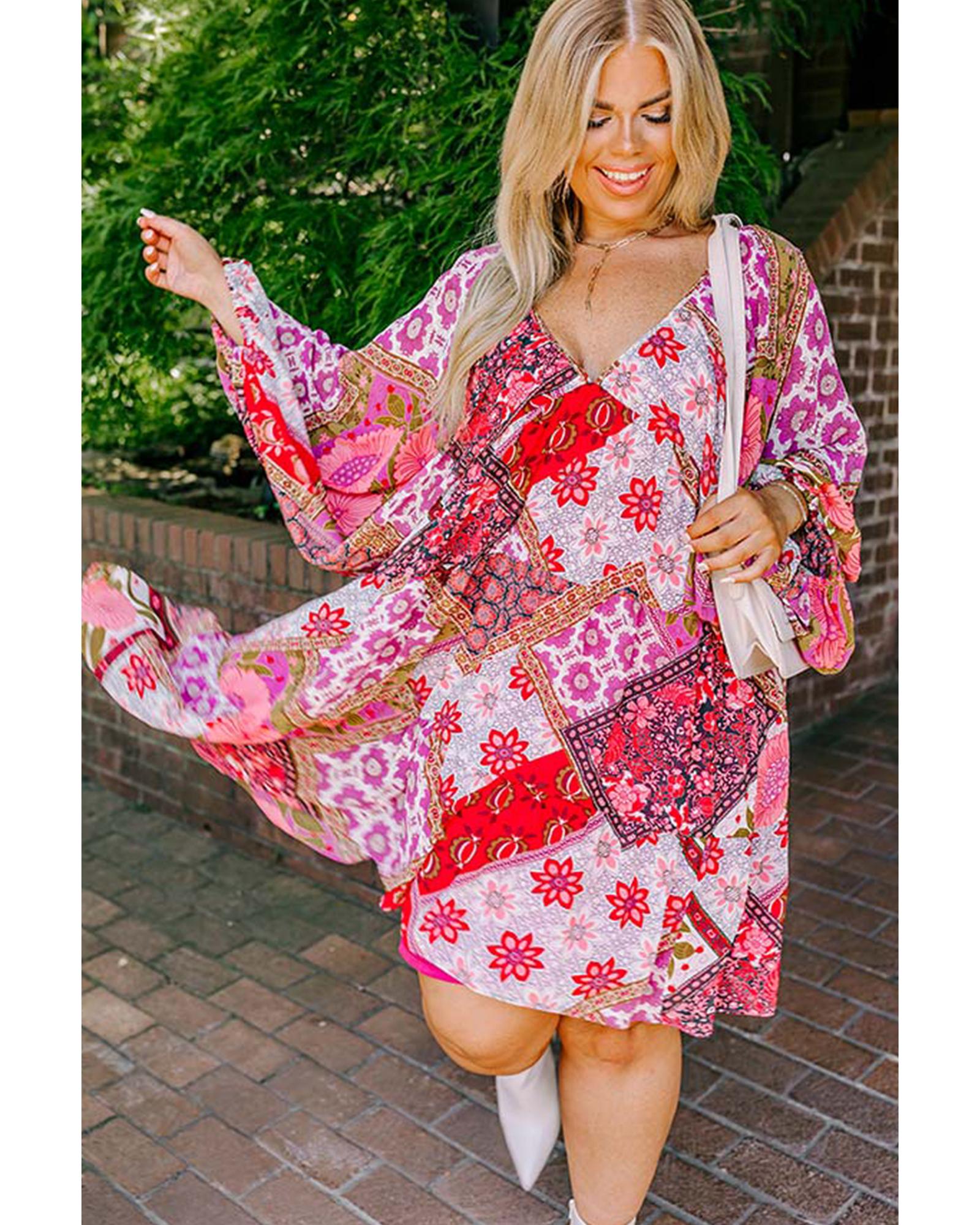 V539-AZEXPL611971-P620-4X-202508302320-00 Rose Mixed Floral Long Sleeve V Neck Lace-up Hollowed Back Plus Size Dress - 4X - Image 1