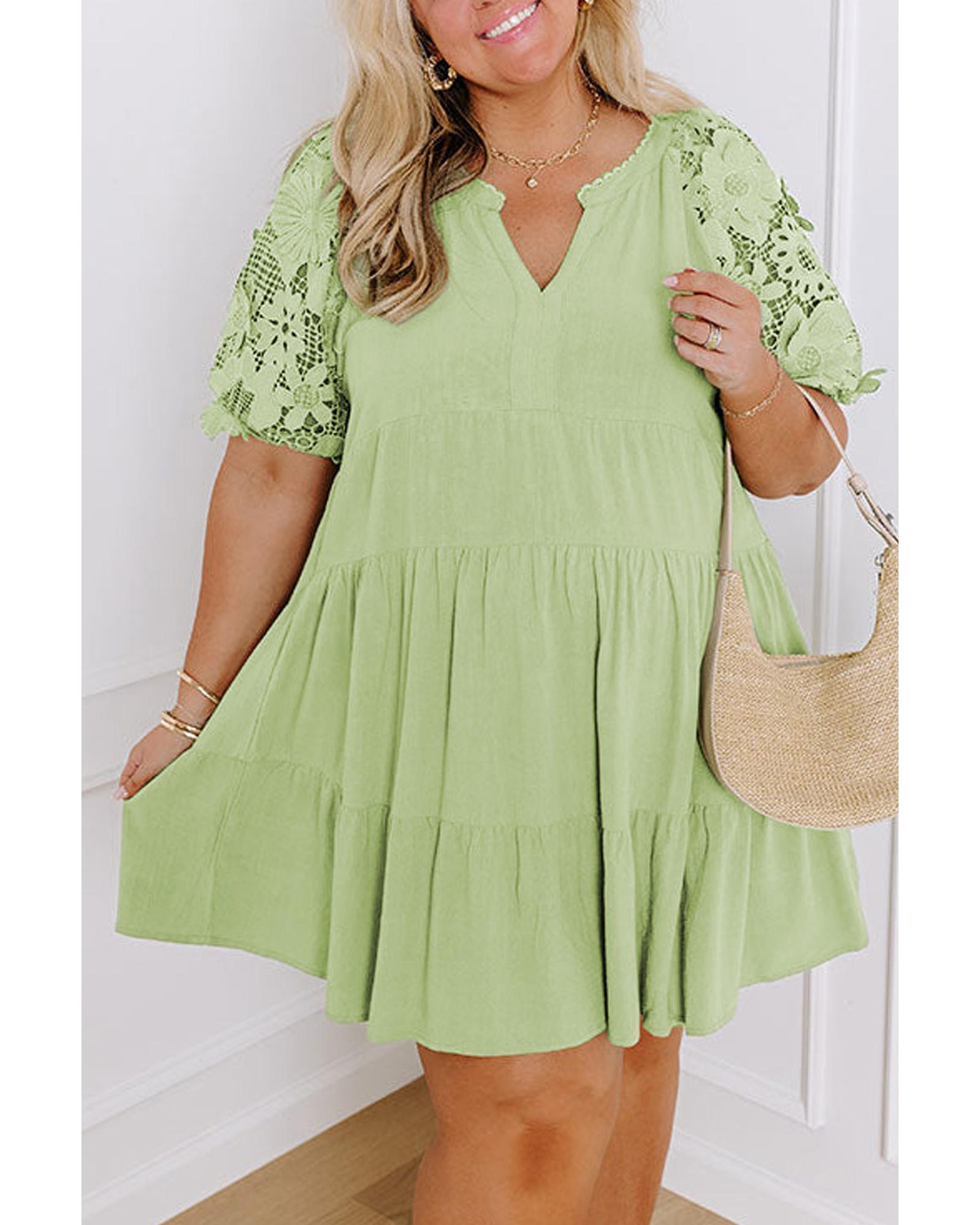 V539-AZEXPL611991-P1209-2X-202508300705-00 Laurel Green Floral Crochet Short Sleeve Notch V Neck Tiered Plus Size Mini Dress - 2X - Image 1