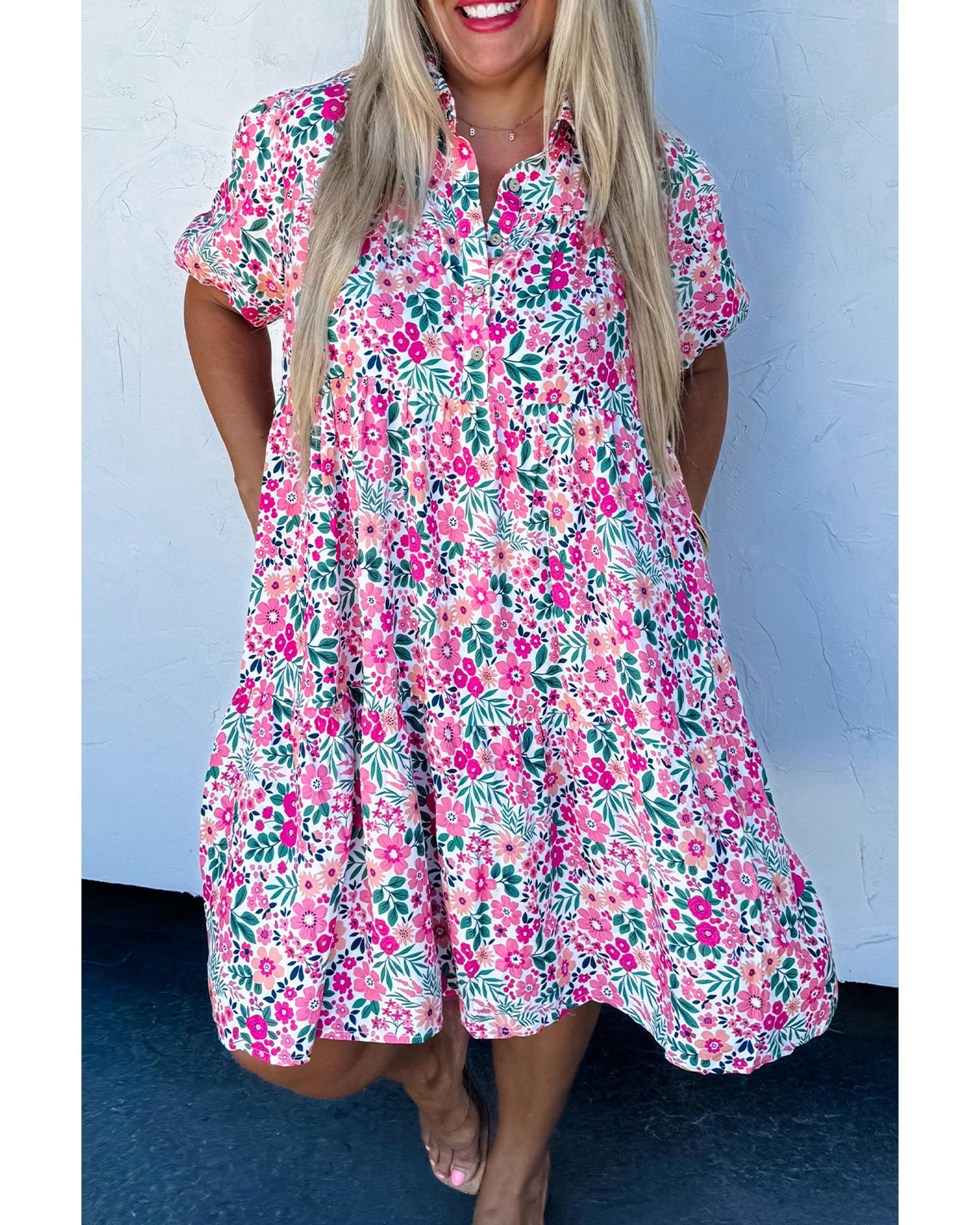 V539-AZEXPL612027-P1020-3X-202508300740-00 Pink Plus Size Floral Half Button Short Puff Sleeve A-line Dress - 3X - Image 1