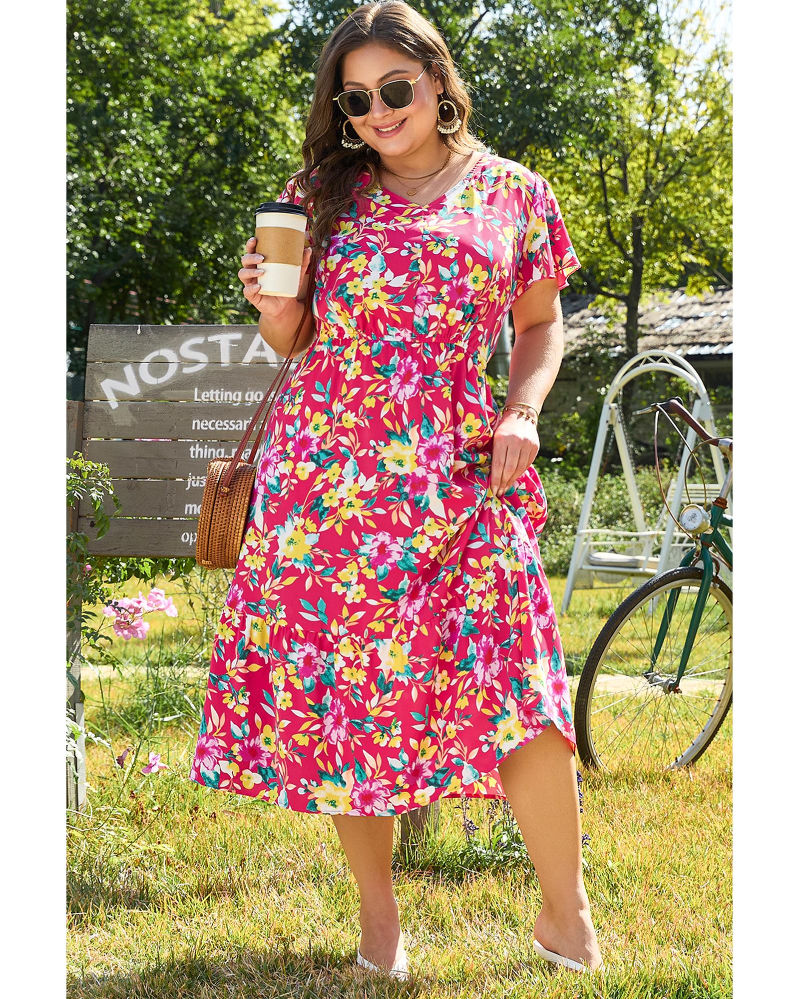 V539-AZEXPL612136-P1020-4X-202506152325-00 Pink Floral Print V Neck Pocketed High Waist Plus Size Midi Dress - 4X - Image 1
