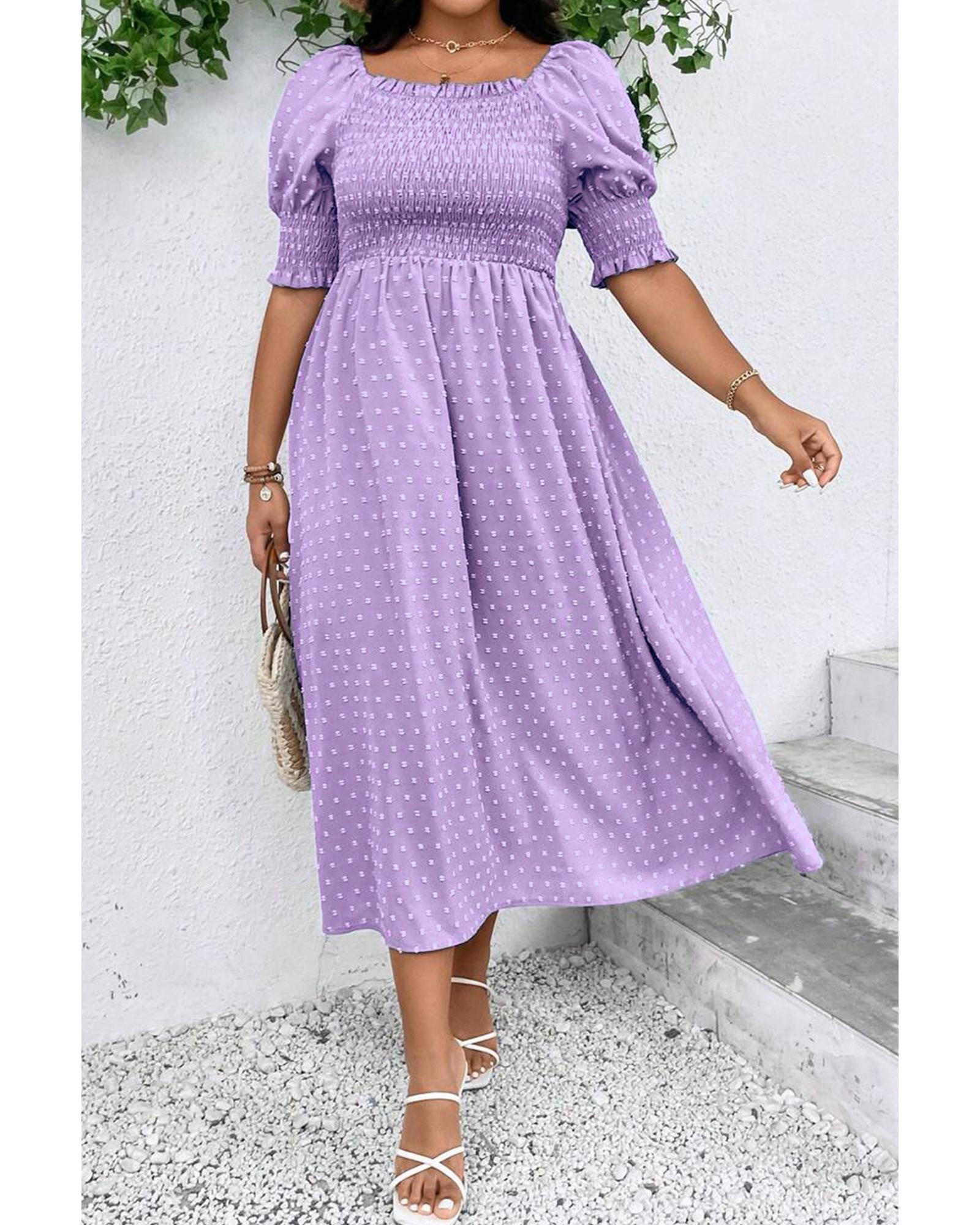 V539-AZEXPL612311-P208-1X-202506152041-00 Wisteria Swiss Dot Smocked Frilled Neckline Short Sleeve Plus Size Dress - 1X - Image 1