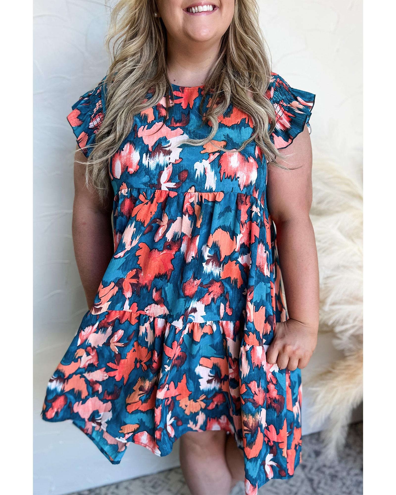 V539-AZEXPL612351-P520-3X-202508301750-00 Blue Abstract Print Shirred Ruffled Short Sleeve Tiered Plus Size Mini Dress - 3X - Image 1