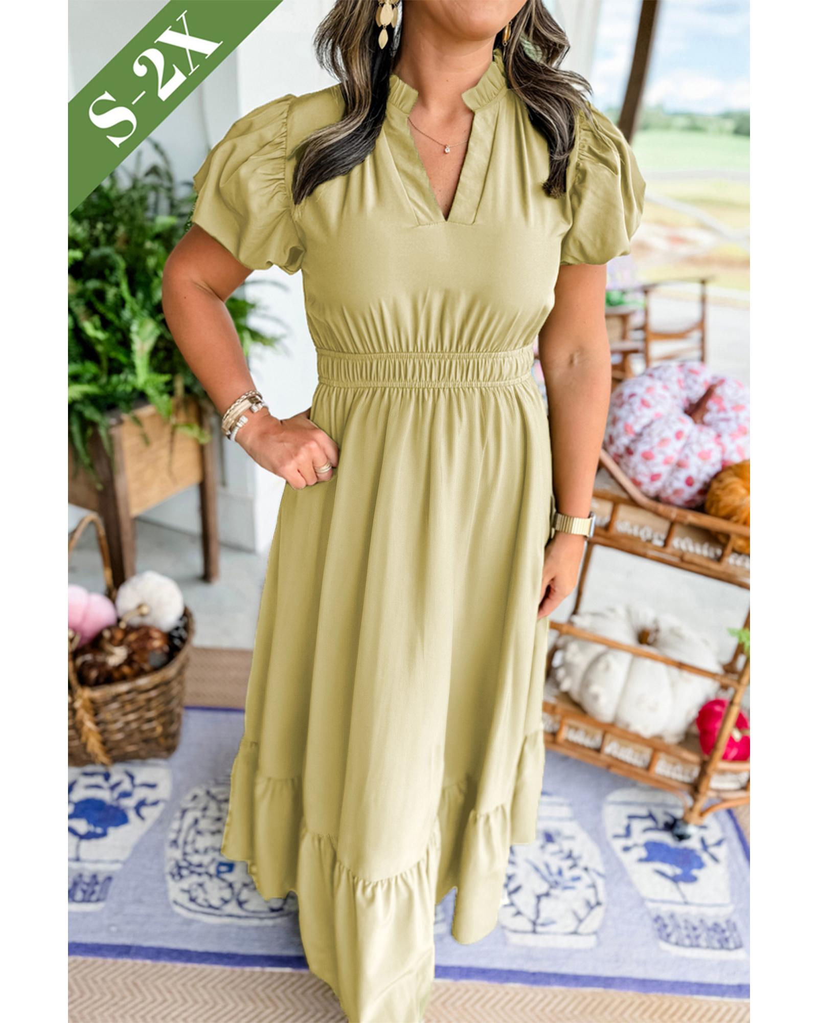 V539-AZEXPL612414-P1209-3X-202508301125-00 Laurel Green Notched V Neck Puff Sleeve Tiered Plus Size Maxi Dress - 3X - Image 1