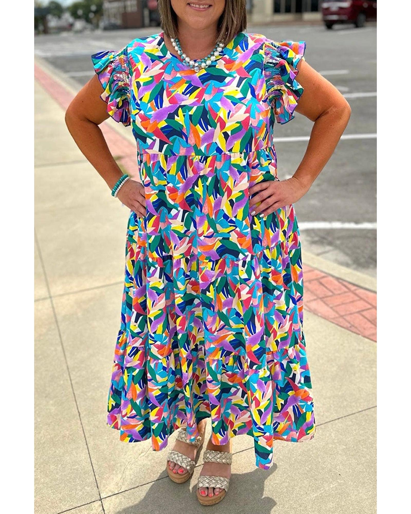 V539-AZEXPL612560-P520-3X-202508301450-00 Blue Geometric Print Ruffled Short Sleeve Plus Size Tiered Maxi Dress - 3X - Image 1