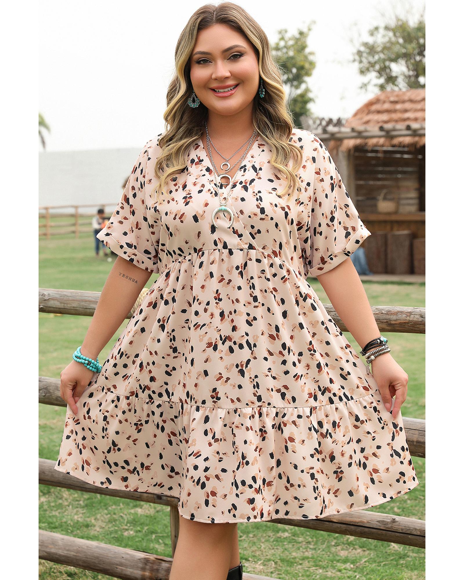 V539-AZEXPL612615-P1520-1X-202508301905-00 Beige Printed Surplice V Neck Cuffed Sleeve Empire Waist Plus Size Dress - 1X - Image 1