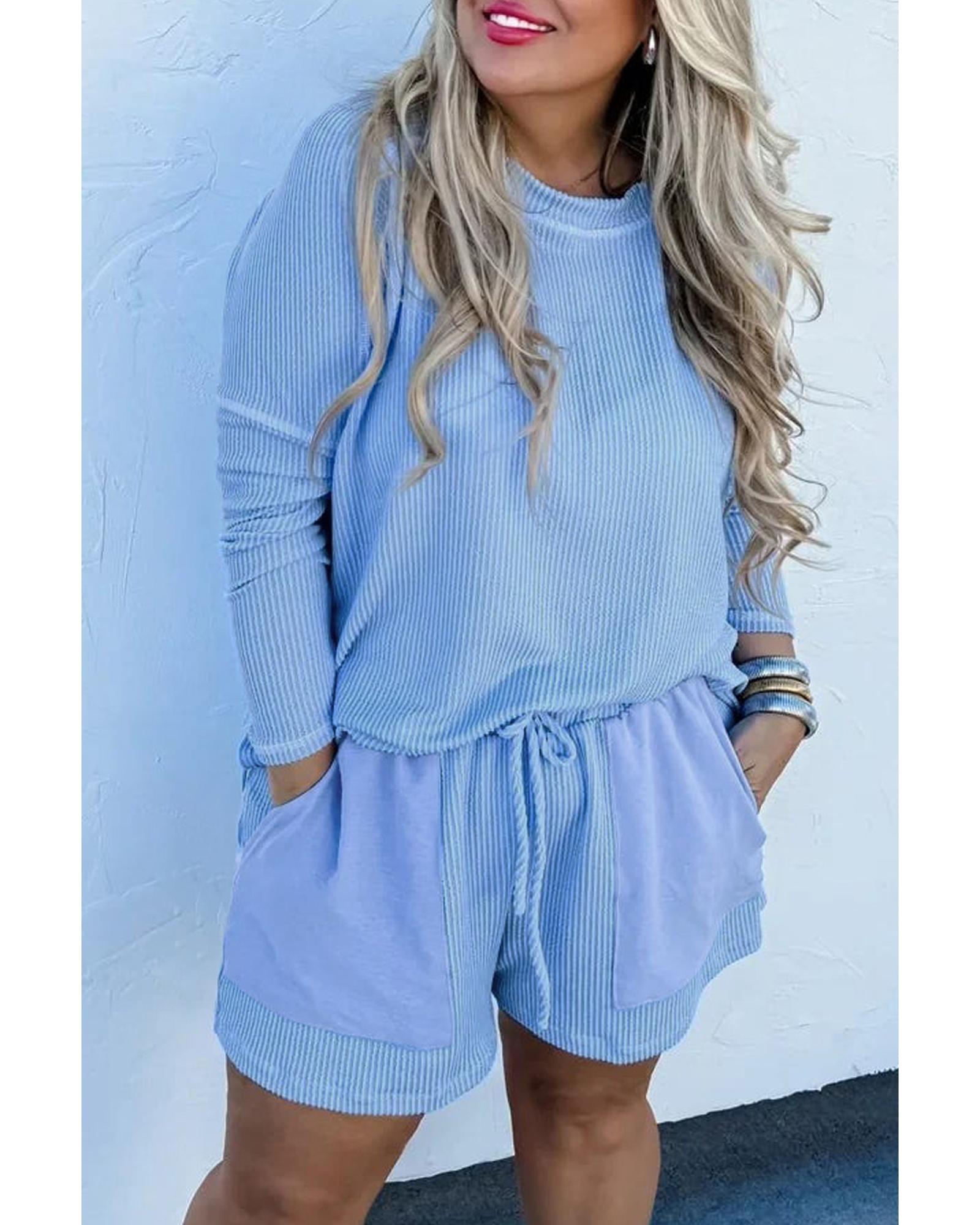 V539-AZEXPL62123-P4-2X-202508302040-00 Light Blue Plus Size Ribbed Long Sleeve Top and Drawstring Shorts Set - 2X - Image 1