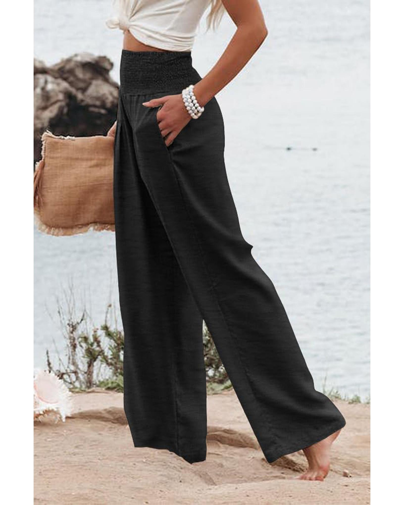 V539-AZEXPL771247-P2-1X-202506152325-00 Azura Exchange Black Shirred High Waist Plus Size Wide Leg Pants - 1X - Image 1