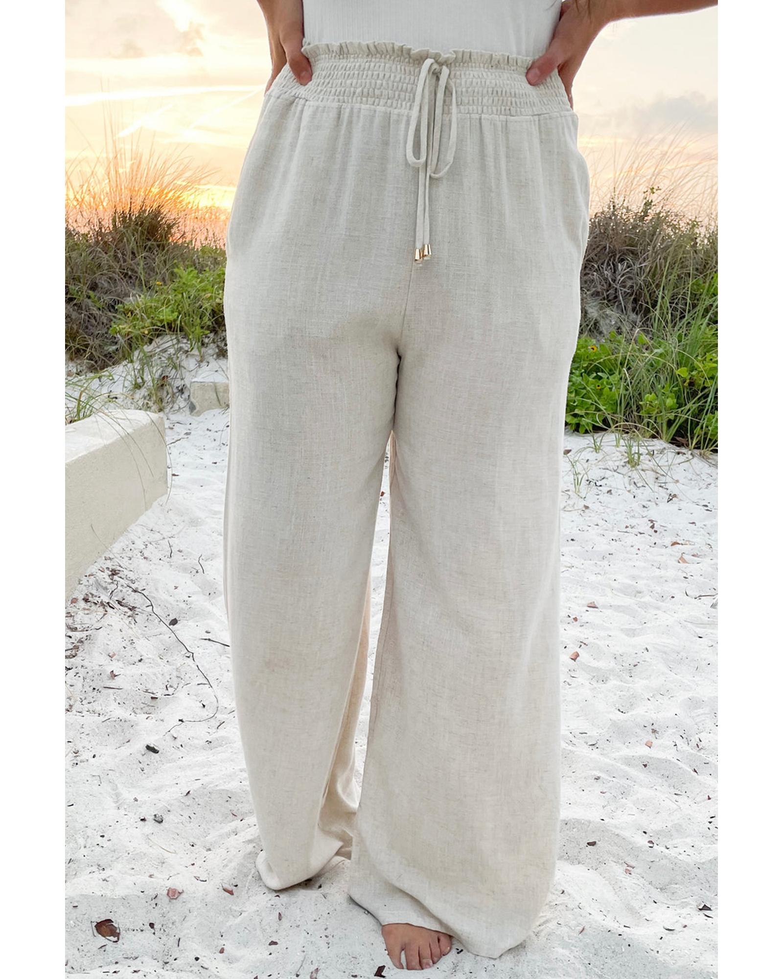 V539-AZEXPL771373-P15-1X-202506152331-00 Beige Smocked High Waist Wide Leg Plus Size Pants - 1X - Image 1