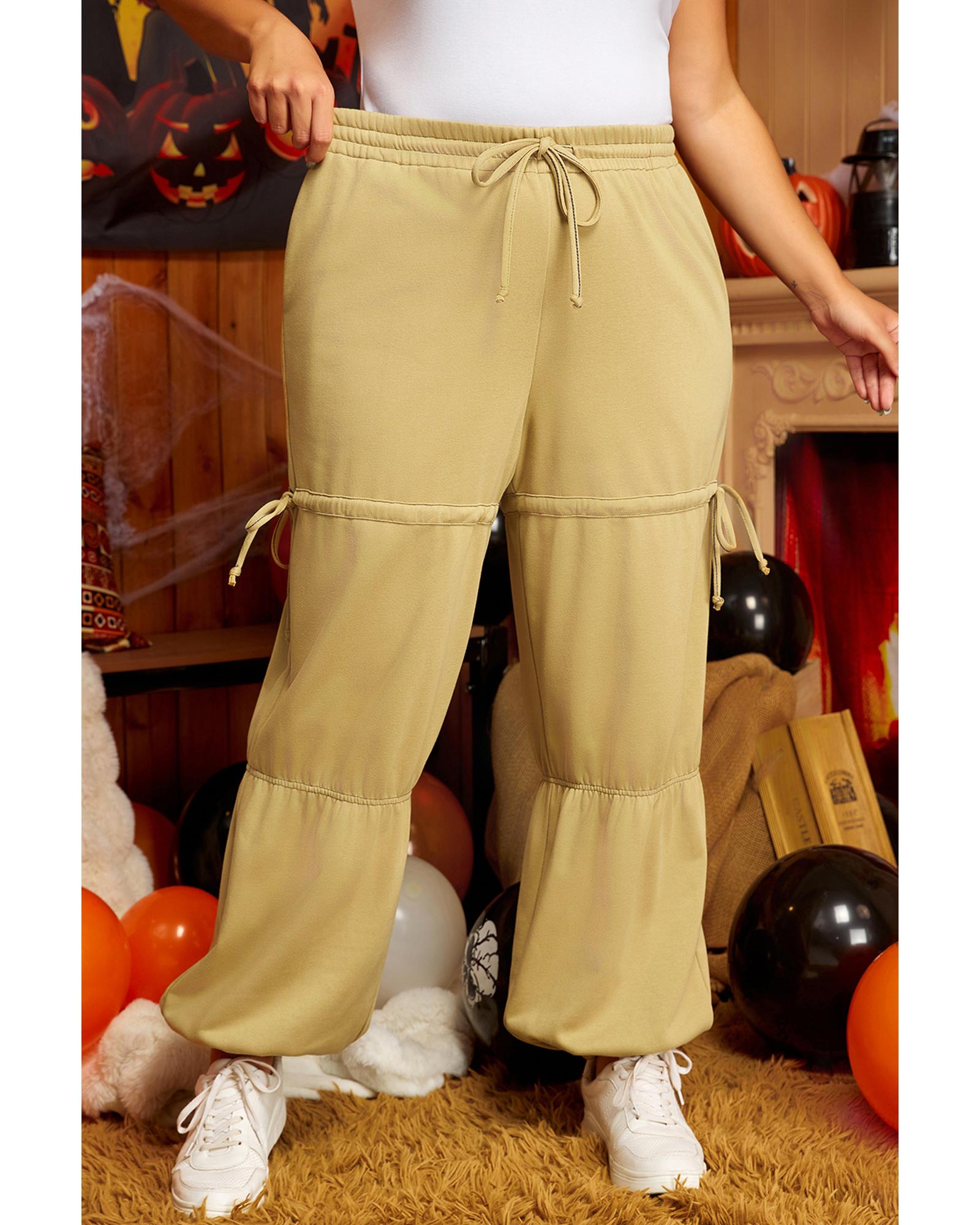 V539-AZEXPL771386-P207-2X-202508301300-00 Beige Drawstring Adjusted Band High Waist Plus Size Pants - 2X - Image 1