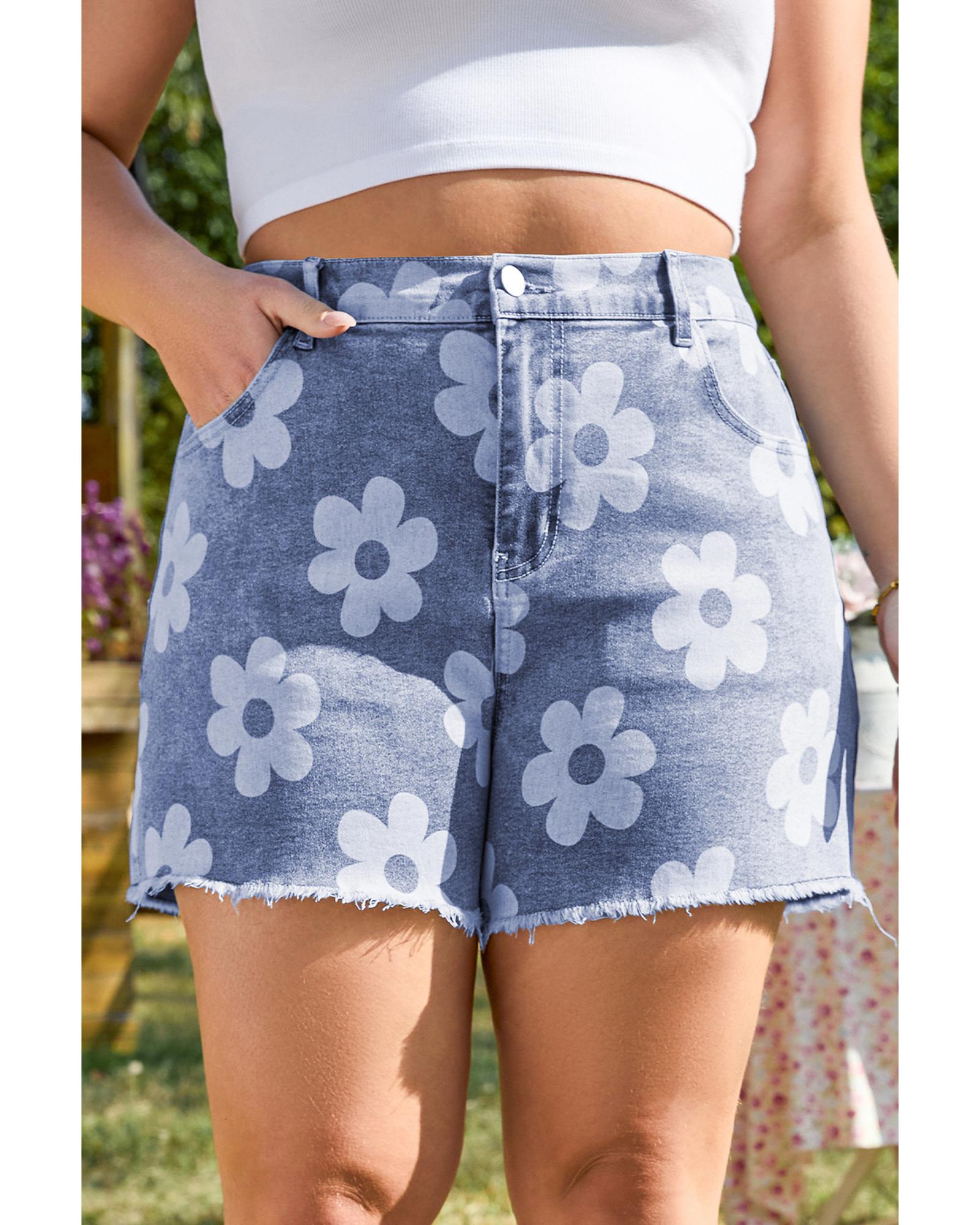 V539-AZEXPL783046-P604-3X-202508302100-00 Ashleigh Blue Floral Pattern High Waist Raw Hem Plus Size Denim Shorts - 3X - Image 1