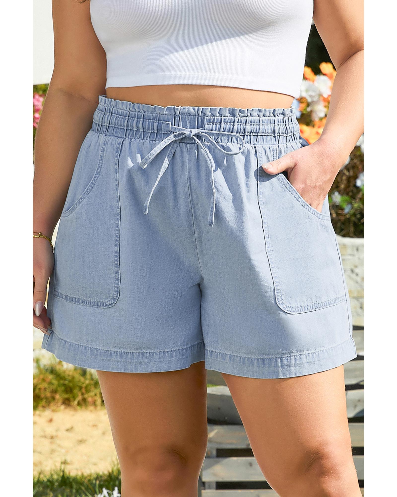 V539-AZEXPL783053-P804-2X-202508310020-00 Beau Blue Pocketed Drawstring High Waist Plus Size Denim Shorts - 2X - Image 1
