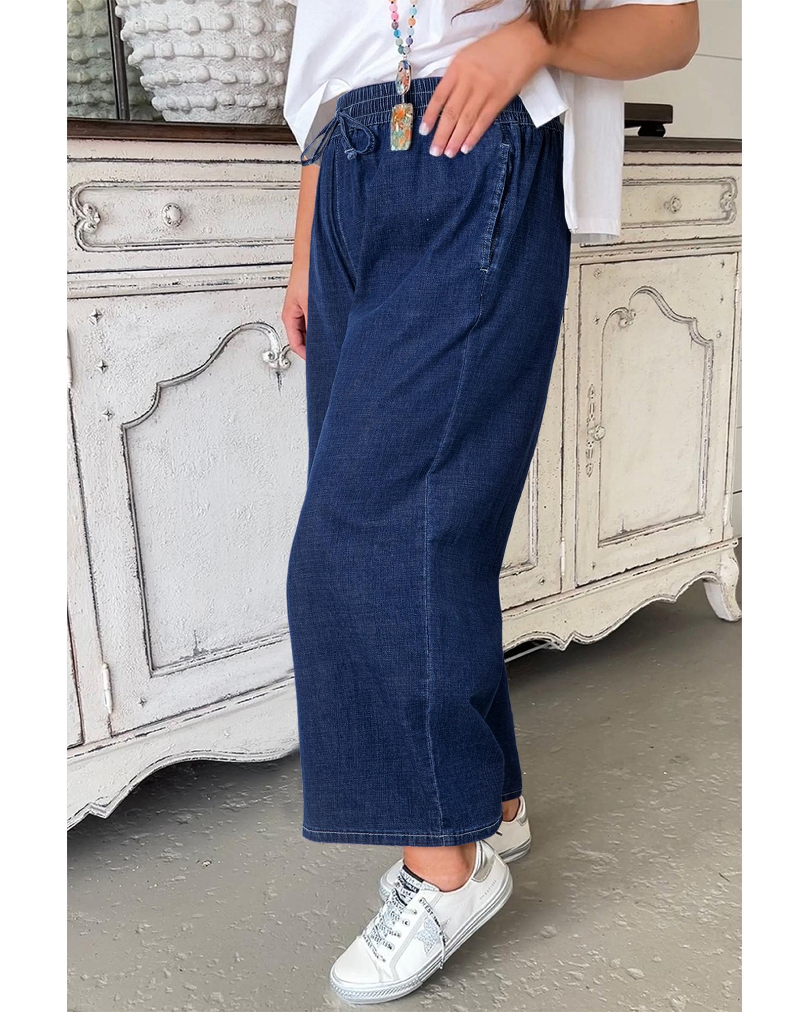 V539-AZEXPL787215-P705-1X-202506152115-00 Real Teal Plus Size Drawstring High Waist Wide Leg Casual Jeans - 1X - Image 1