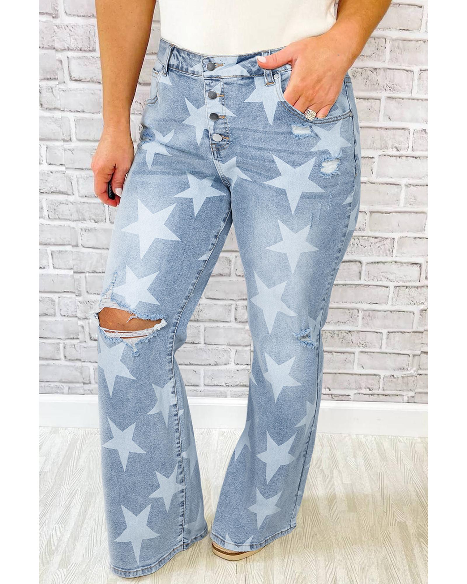 V539-AZEXPL787247-P420-3X-202508302000-00 Sky Blue Star Printed Multi Buttons Slit Knee Destroyed Plus Size Jeans - 3X - Image 1