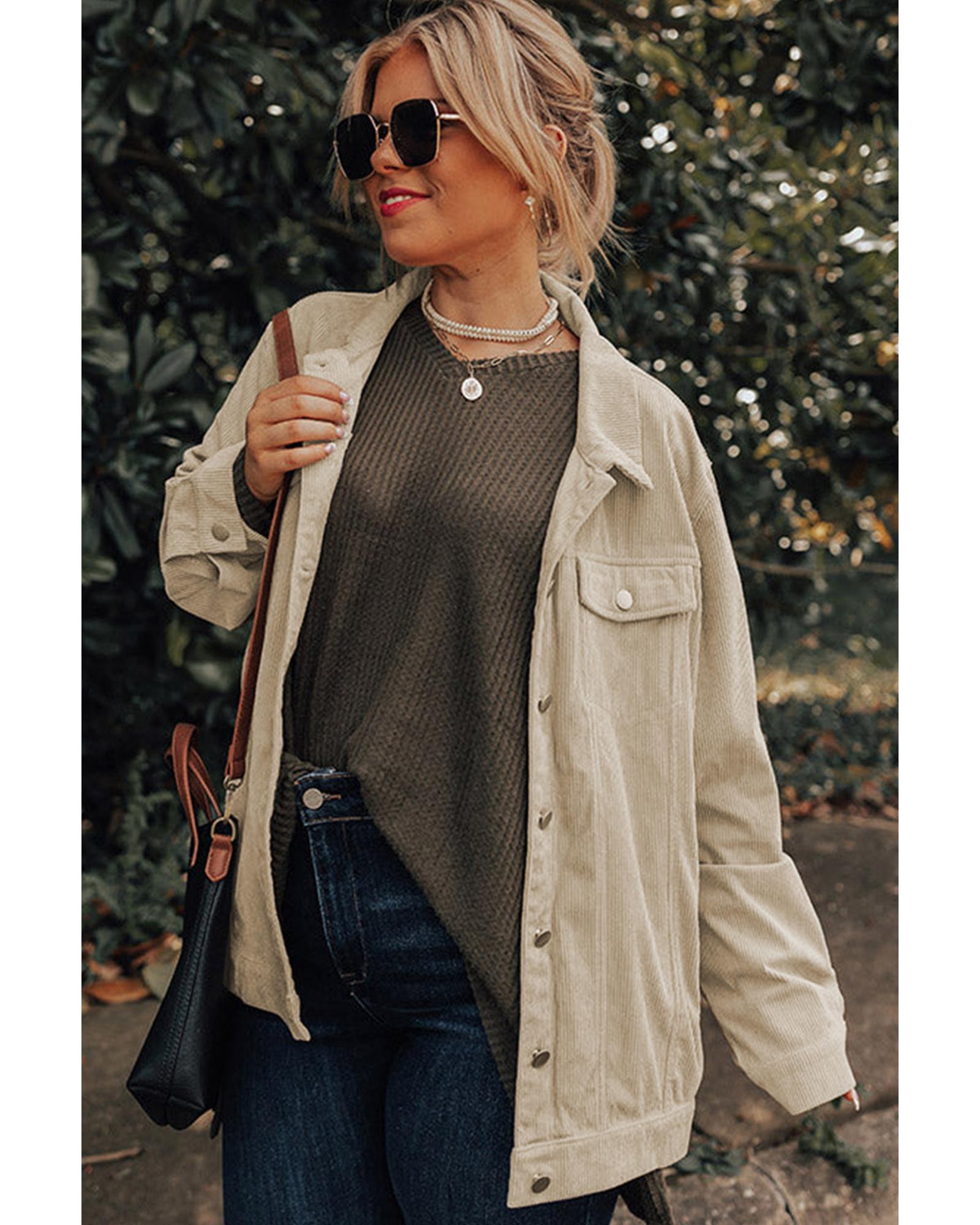 V539-AZEXPL851057-16-2X-202508301610-00 Khaki Plus Size Crochet Pattern Back Corduroy Jacket - 2X - Image 1