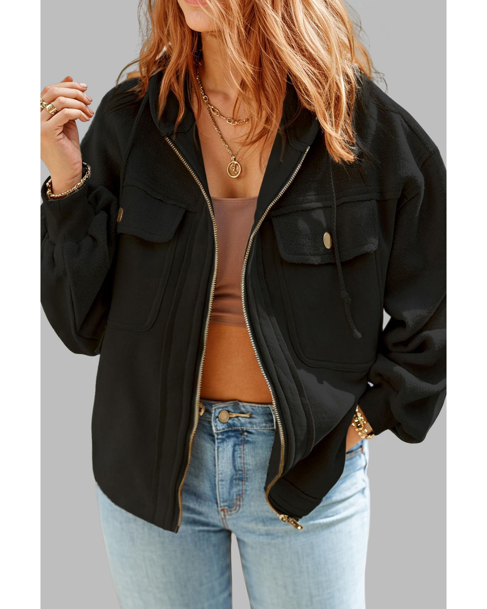V539-AZEXPL851159-P2-1X-202506152141-00 Black Plus Size Bishop Sleeve Zip Up Hooded Jacket - 1X - Image 1