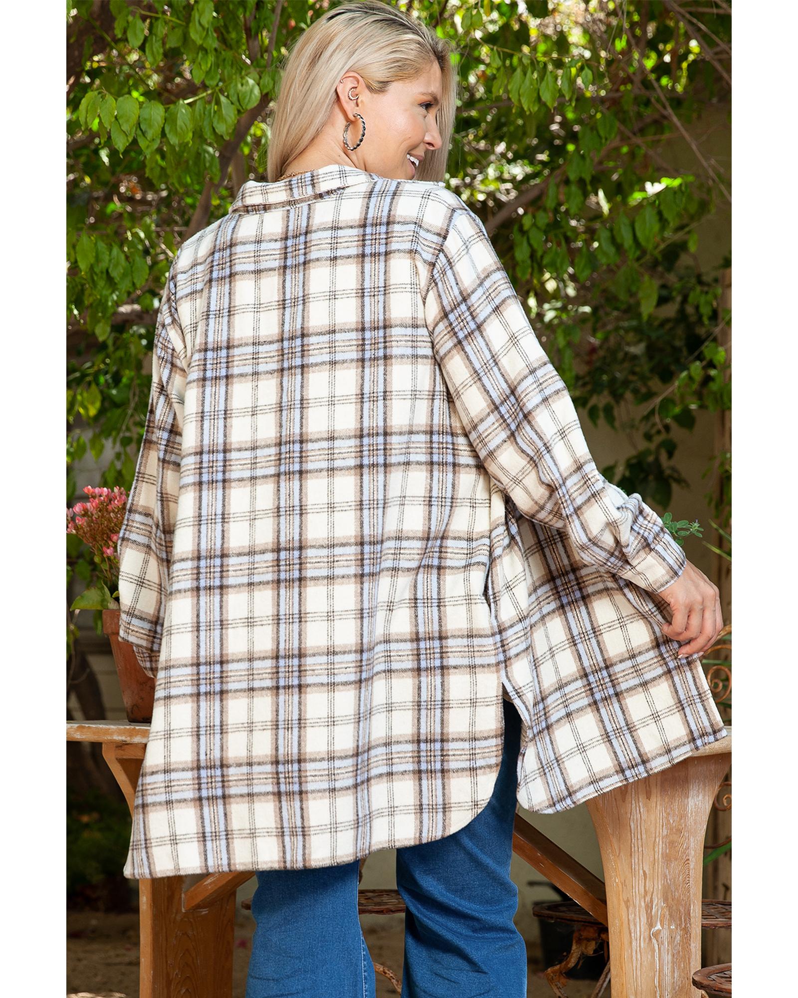 V539-AZEXPL851191-P119-1X-202506152147-00 White Plaid Print Tunic Plus Size Shacket with Slits - 1X - Image 1