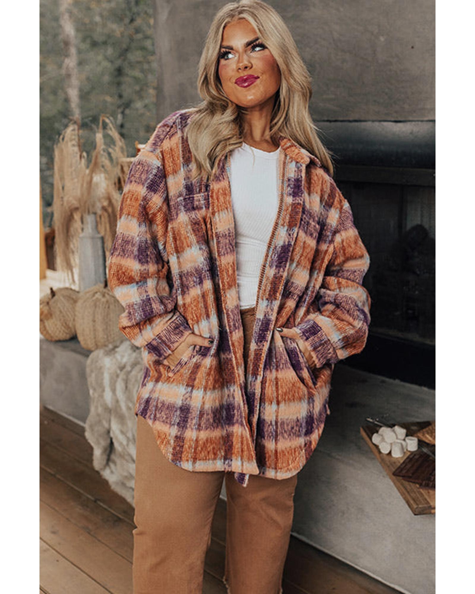 V539-AZEXPL851225-P22-4X-202508301125-00 Multicolour Plus Size Plaid Print Collared Button up Jacket - 4X - Image 1