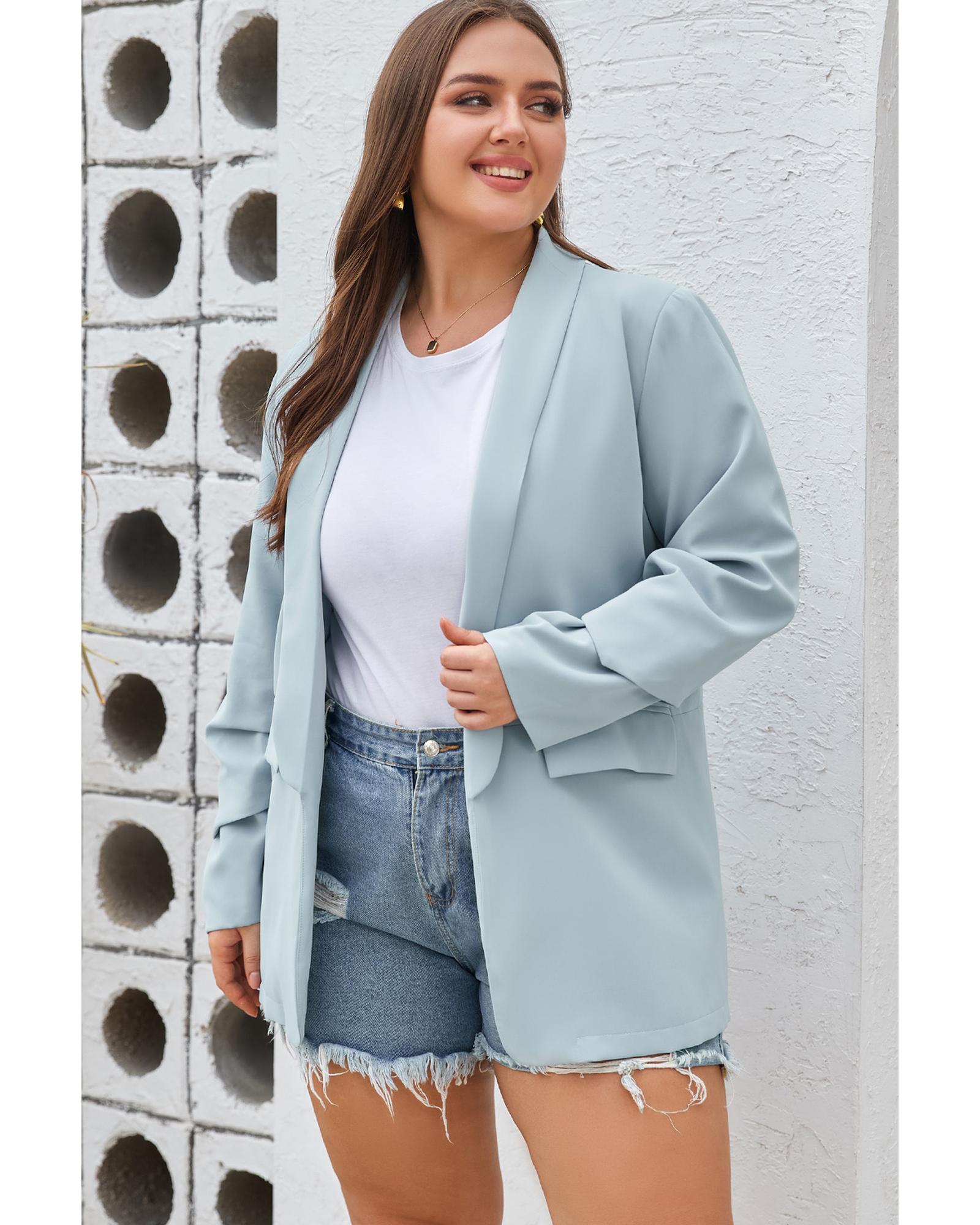 V539-AZEXPL852006-4-2X-202508301920-00 Sky Blue Plus Size Soft Lightweight Pocketed Lapel Blazer - 2X - Image 1