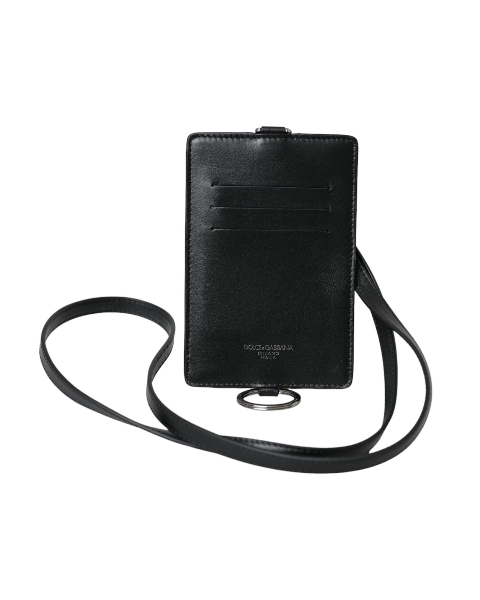 V539-BAG1451-202506160315-00 Dolce & Gabbana Men's Black Calf Leather Lanyard Logo Card Holder Wallet - One Size - Image 1