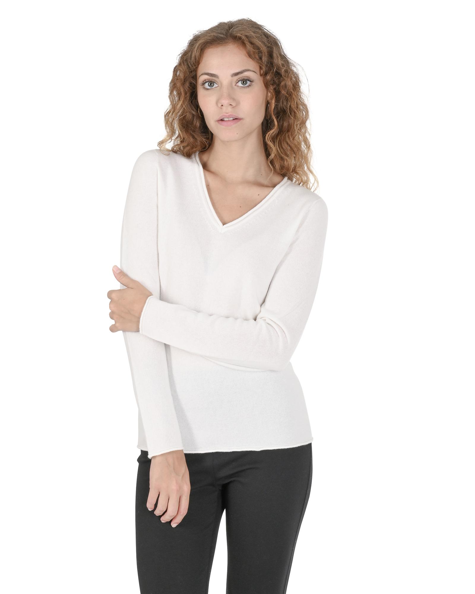 V539-BTB108310-168955-00 Crown of Edinburgh Cashmere Women's Premium Italian Cashmere V-Neck Sweater in Off white - 40 EU - Image 1