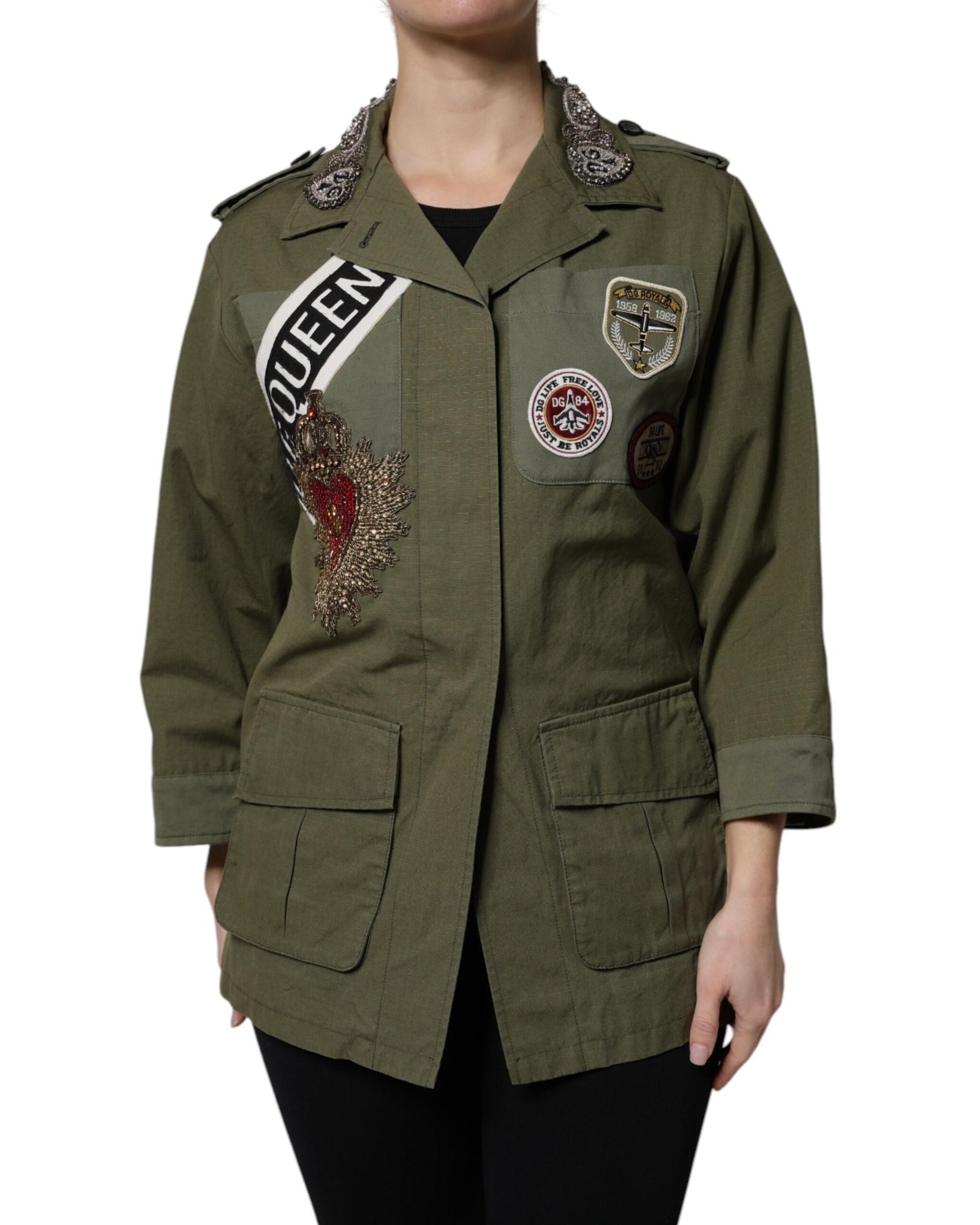 V539-JKT41387-40-202506170712-00 Dolce & Gabbana Women's Military Green Queen Embellished Coat Jacket - 40 IT - Image 1