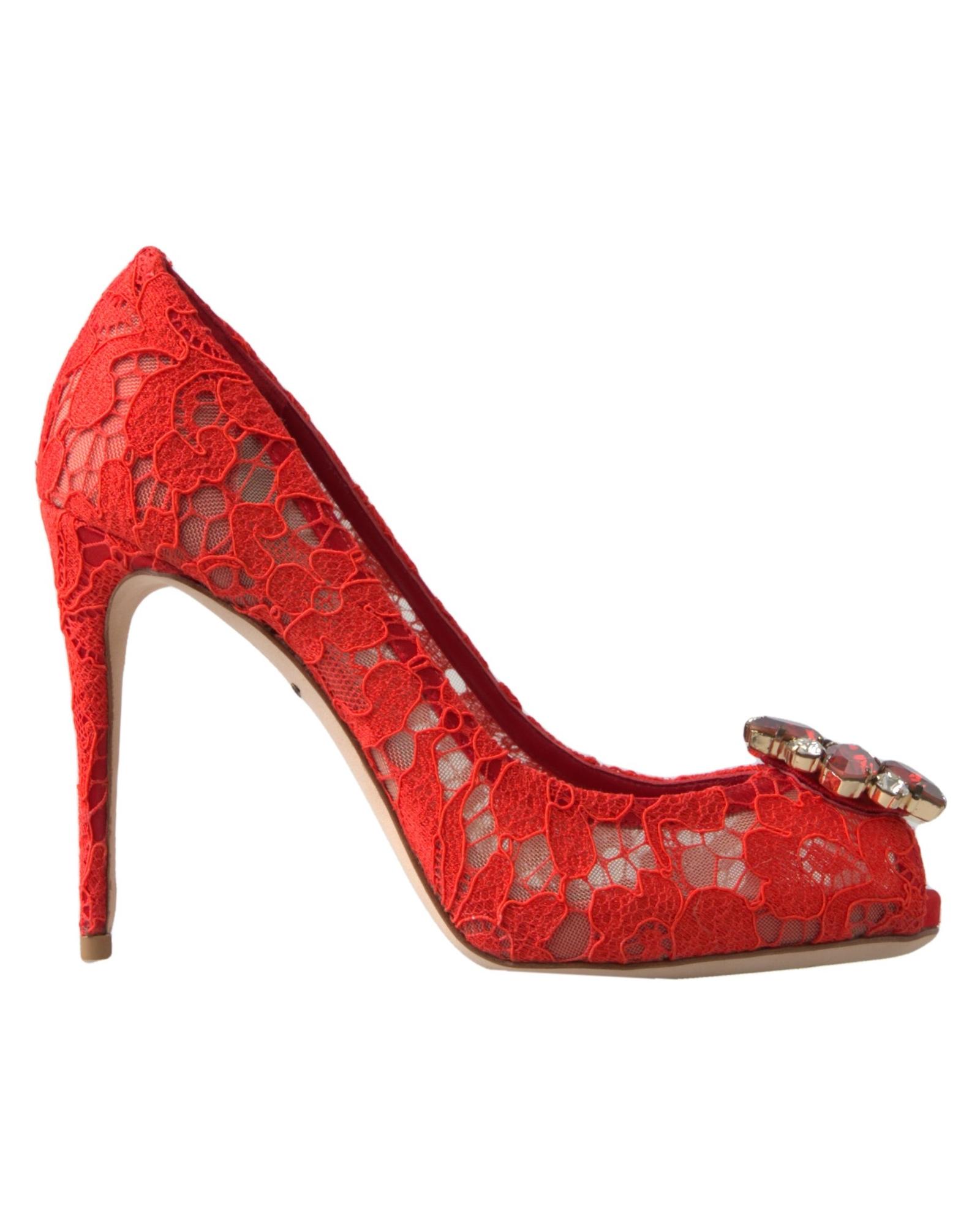 V539-LA10240-375-168515-00 Dolce & Gabbana Women's Red Taormina Lace Crystal Heels Pumps Shoes - 37.5 EU - Image 1