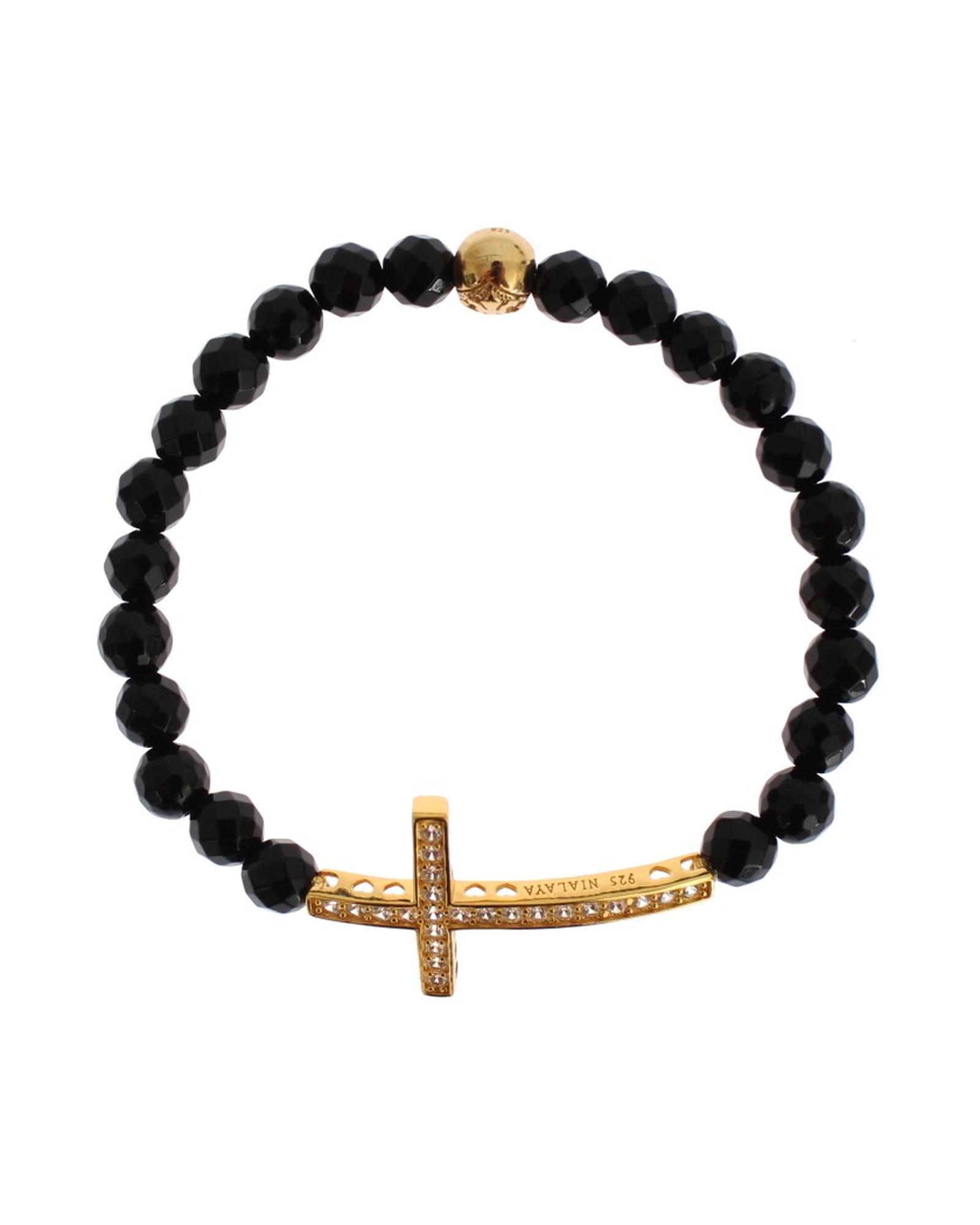 V539-SIG19012-1-202509011450-00 NIALAYA Gold Plated Sterling Silver Bracelet with Agate Stone and CZ Diamond Cross M Women - Image 1