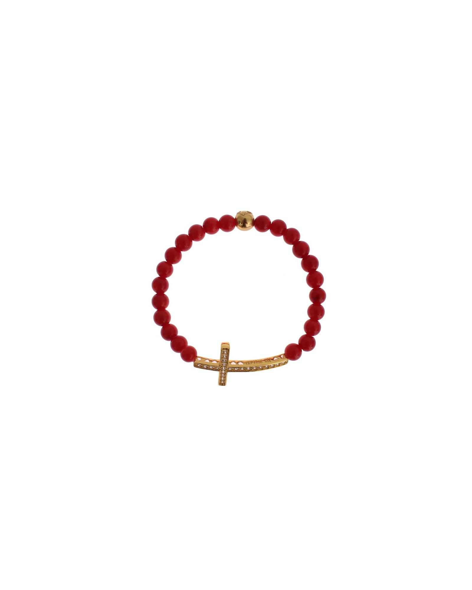 V539-SIG19013-4-202509010130-00 Authentic NIALAYA Gold Plated Silver Bracelet with Red Coral Beads and CZ Diamond Cross S Women - Image 1