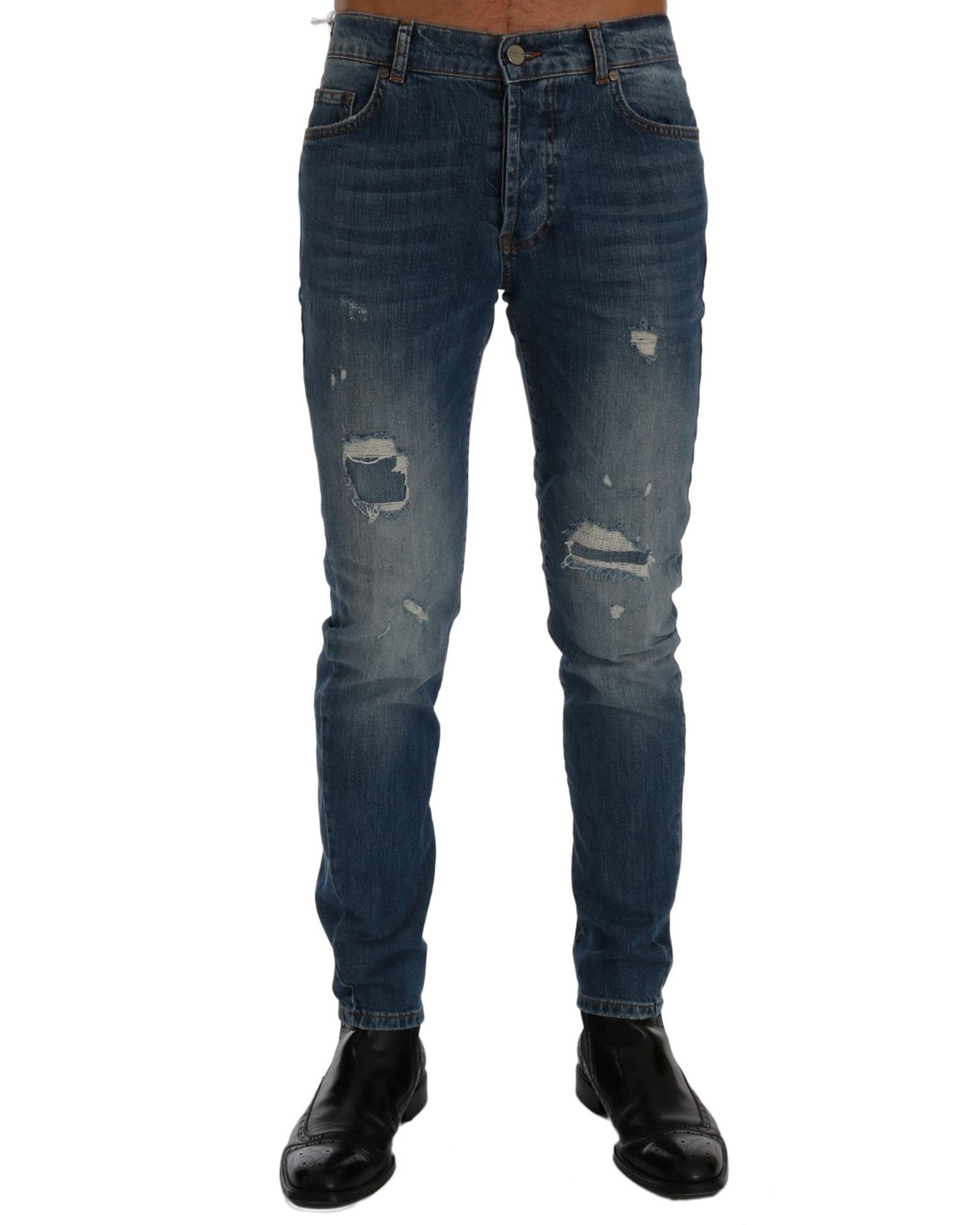 V539-SIG60491-3-202506180537-00 Frankie Morello Men's Blue Wash Torn Dunfermile Slim Fit Jeans - W36 US - Image 1