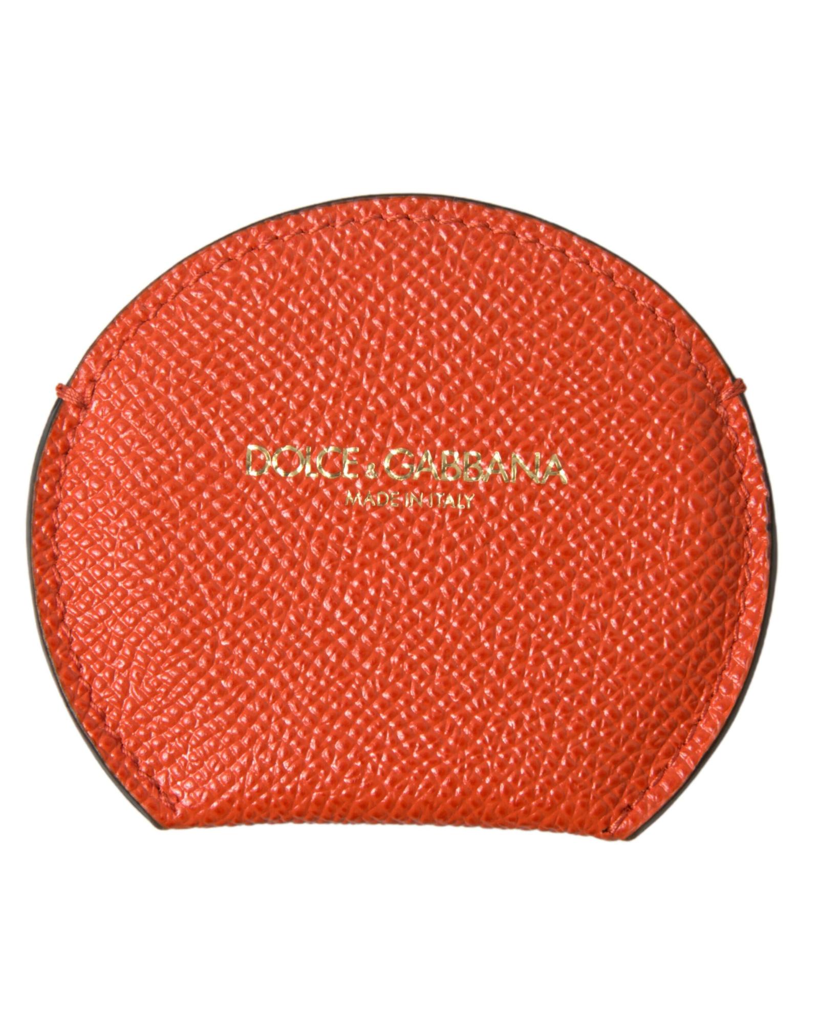 V539-SMY101206-176736-00 Dolce & Gabbana Women's Orange Calfskin Leather Round Logo Hand Mirror Holder - One Size - Image 1