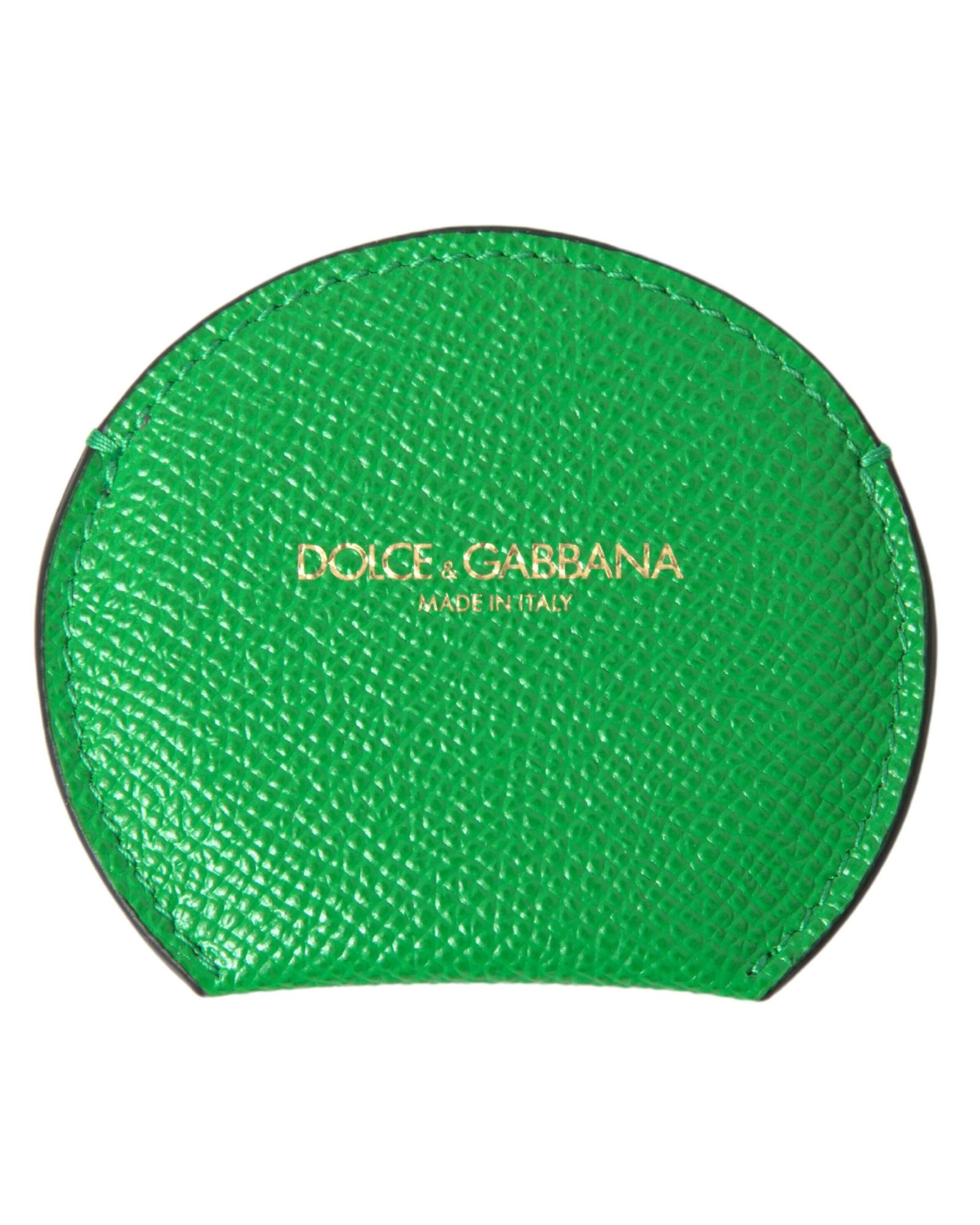V539-SMY101209-177120-00 Dolce & Gabbana Women's Green Calfskin Leather Round Logo Hand Mirror Holder - One Size - Image 1