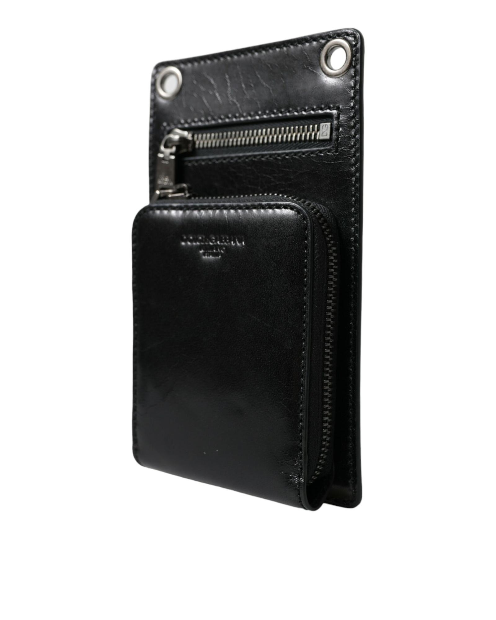 V539-SMY101297-202506180612-00 Dolce & Gabbana Men's Black Calf Leather Zip Logo Shoulder Neck Strap Wallet - One Size - Image 1