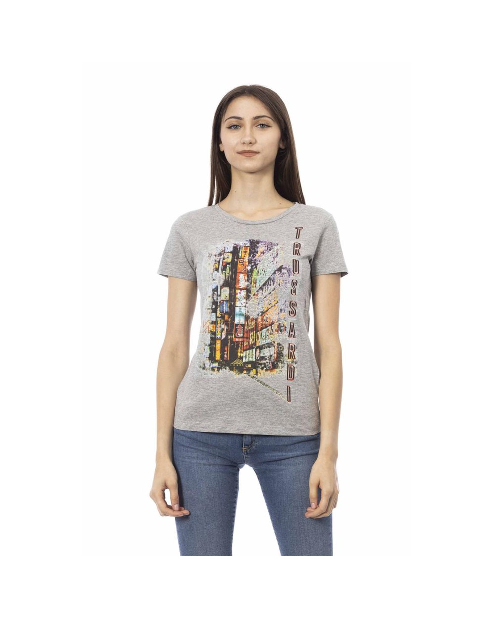 V539-TR-24168-M-202506111807-00 Trussardi Action Women's Chic Gray Cotton Blend Tee with Unique Print - M - Image 1
