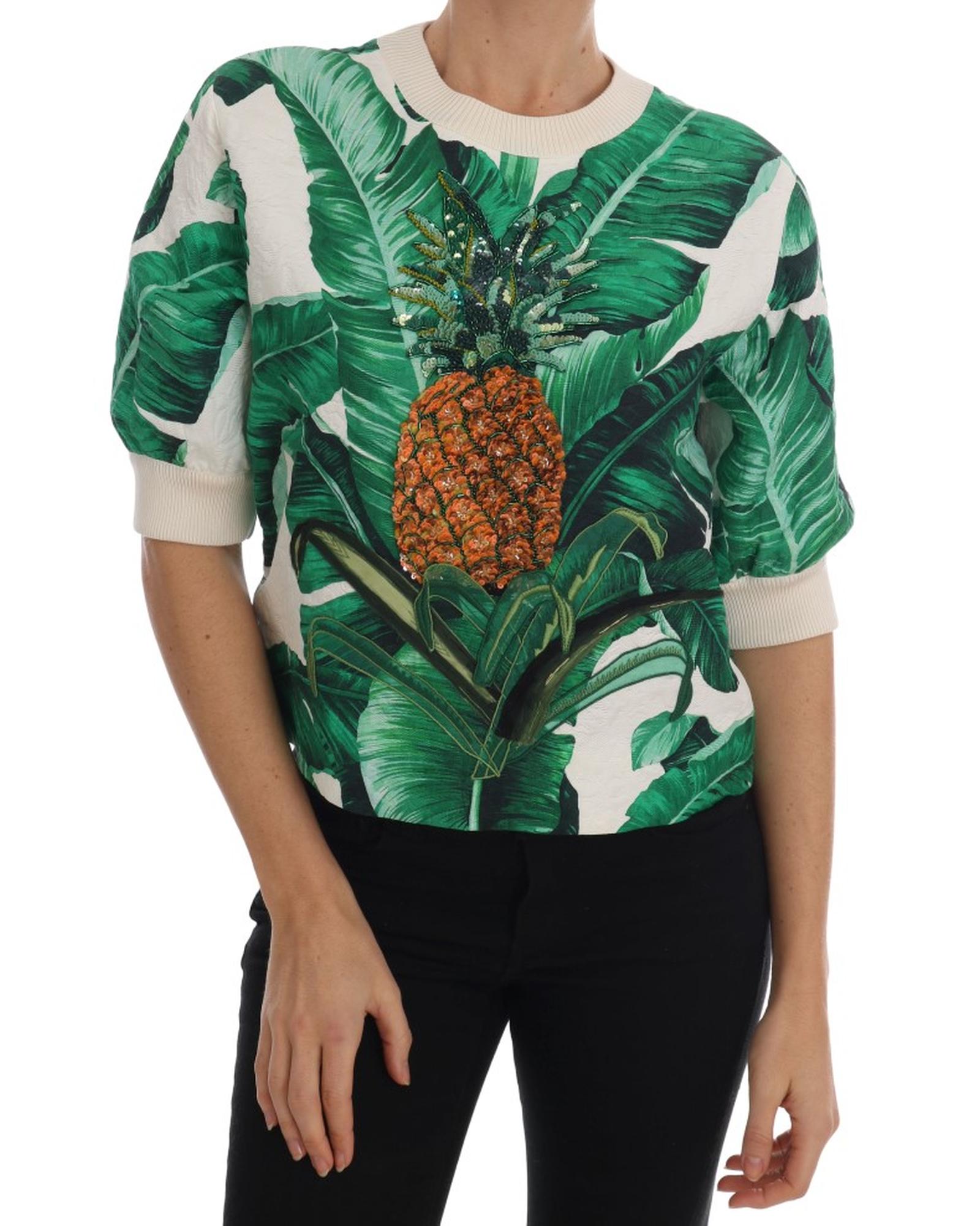 V539-TSH1752-4-202509010630-00 DOLCE & GABBANA Enchanted Sicily Short Sleeve Sweater with Sequined Pineapple Embroidery 38 IT Women - Image 1