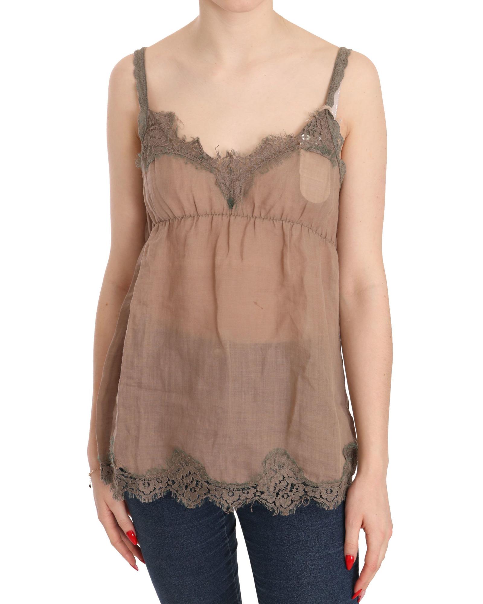 V539-TSH3835-44-202509010425-00 Brown Lace Spaghetti Strap Plunging Top Blouse 44 IT Women - Image 1
