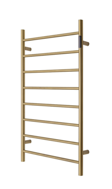 V549-10062ROUNDLEDGOLD-109673-00 Premium Brushed Gold Heated Towel Rack with LED control- 8 Bars, Round Design, AU Standard, 1000x620mm Wide - Image 1