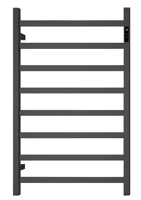 V549-10062SQUARELEDBLACK-109691-00 Premium Matte Black Heated Towel Rack with LED- 8 Bars, Square Design, AU Standard, 1000x620mm Wide - Image 1