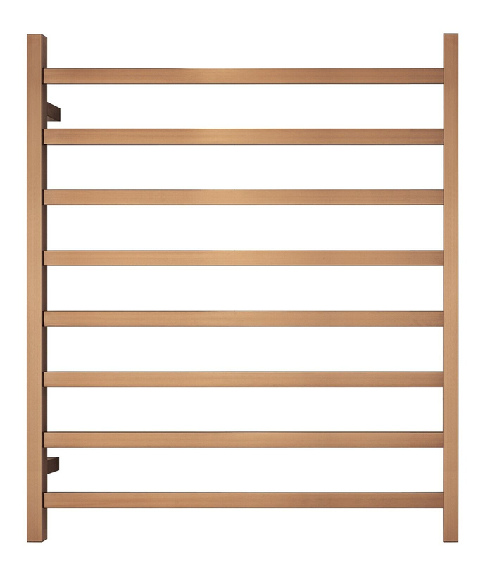 V549-10085SQUAREHEATBRUSHROSE-109647-00 Premium Brushed Rose Gold Heated Towel Rack - 8 Bars, Square Design, AU Standard, 1000x850mm Wide - Image 1