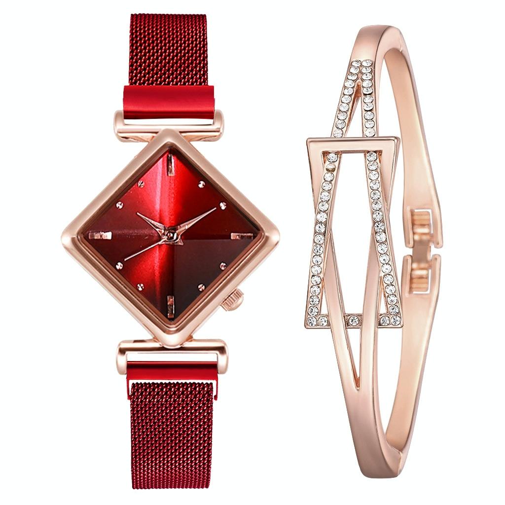 V562-3158808550DBT-202504171910-00 Red Diamond Dial Quartz Watch & Bracelet Set for Women - Image 1