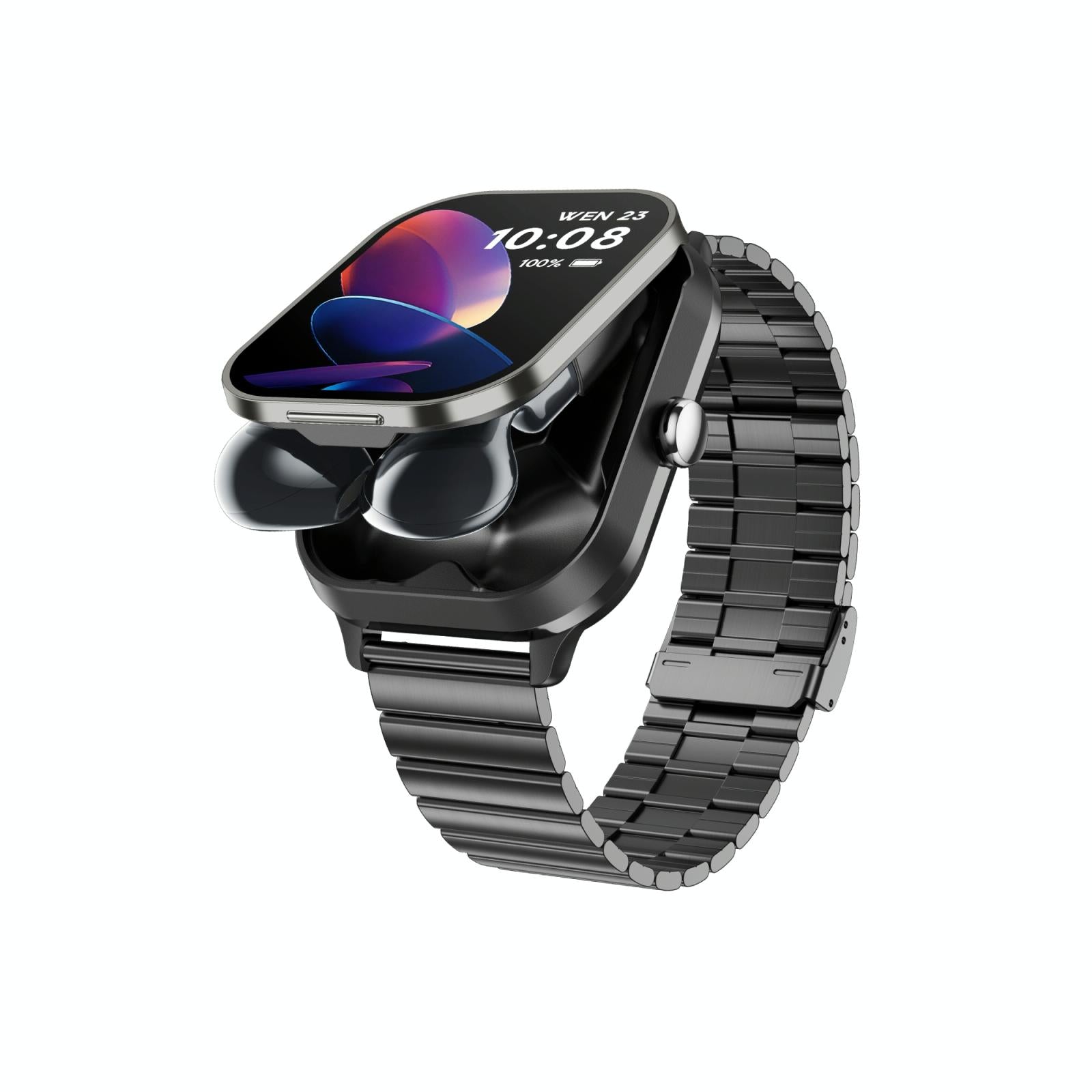 V562-A101398600ADE-202504251910-00 2.01 Inch 2 In 1 Bluetooth Earphone Smart Watch With Nfc & Steel Strap - Black - Image 1