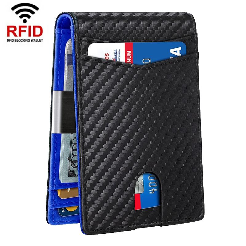 V562-A1018593060DBT-202505291517-00 Rfid-protected Leather Credit Card Wallet - Secure & Stylish - Carbon Fiber Black Blue Inner - Image 1