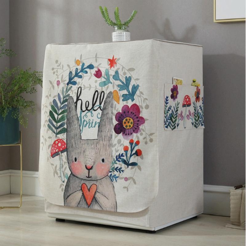 V562-A1042081020DBT-202504301031-00 Cartoon Cotton Linen Drum Roller Washing Machine Dust Cover - 83x60x60cm Size - Hello Rabbit - Image 1