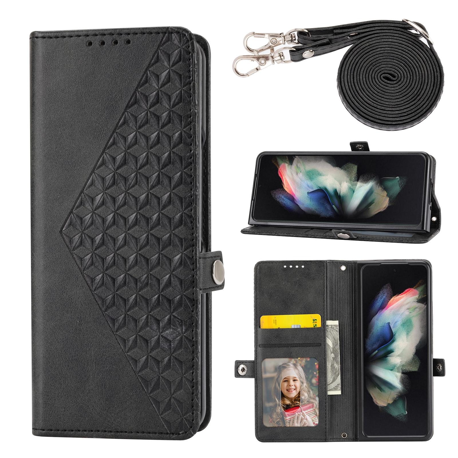 V562-A106957300ADE-202503211315-00 For Samsung Galaxy Z Fold4 5G Leather Grid Texture Phone Case With Lanyard - Black - Image 1