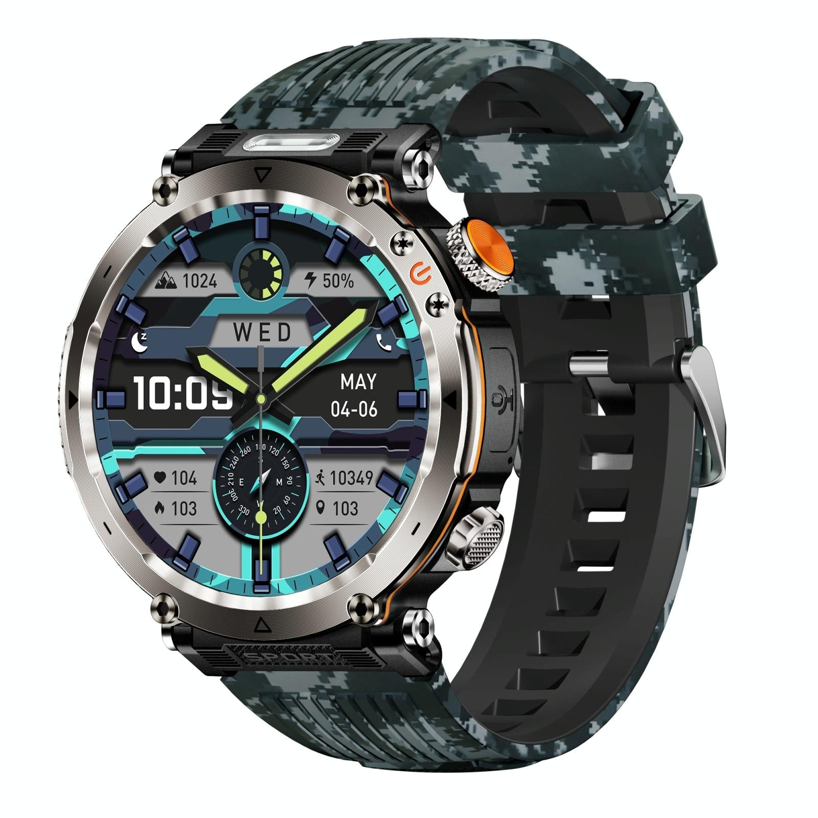 V562-A108073700ADE-202504252036-00 Waterproof Smart Watch With Flashlight Banknote Detector And Compass - Camo - Blue - Image 1