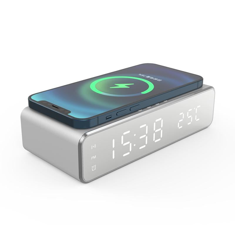 V562-A1090153060DBT-202504212113-00 Wireless Charging Desktop Phone With Clock & Temperature Display - Silver - Image 1