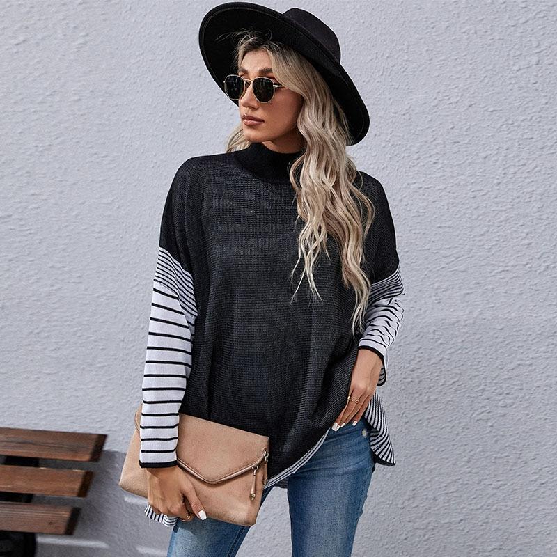 V562-A200947300ADE-202505261922-00 Women Long Sleeve Mock Neck Striped Knit Sweater Casual Tops Black - M - Image 1